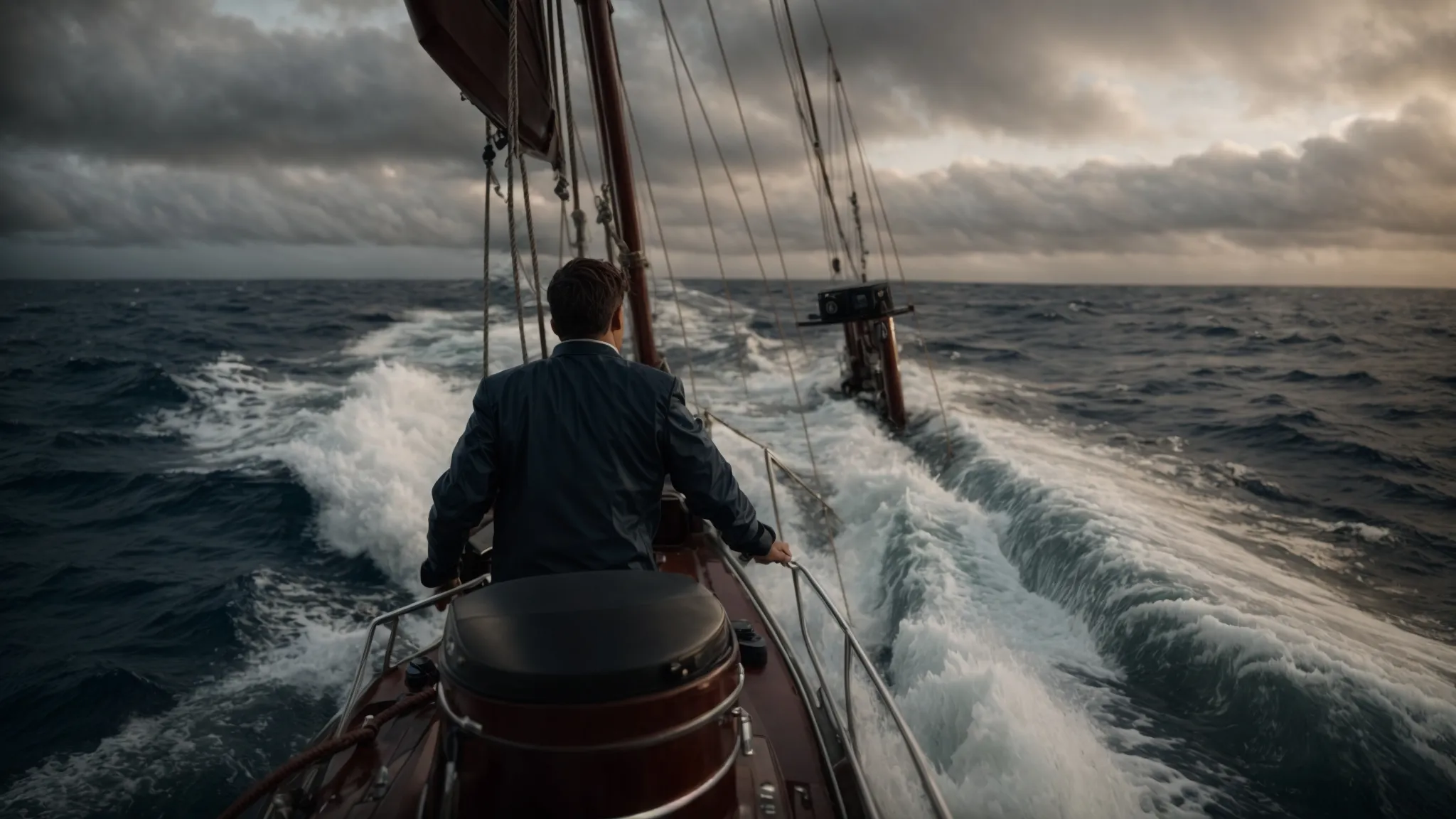 a captain confidently steering a large ship through tumultuous seas towards the breaking dawn.