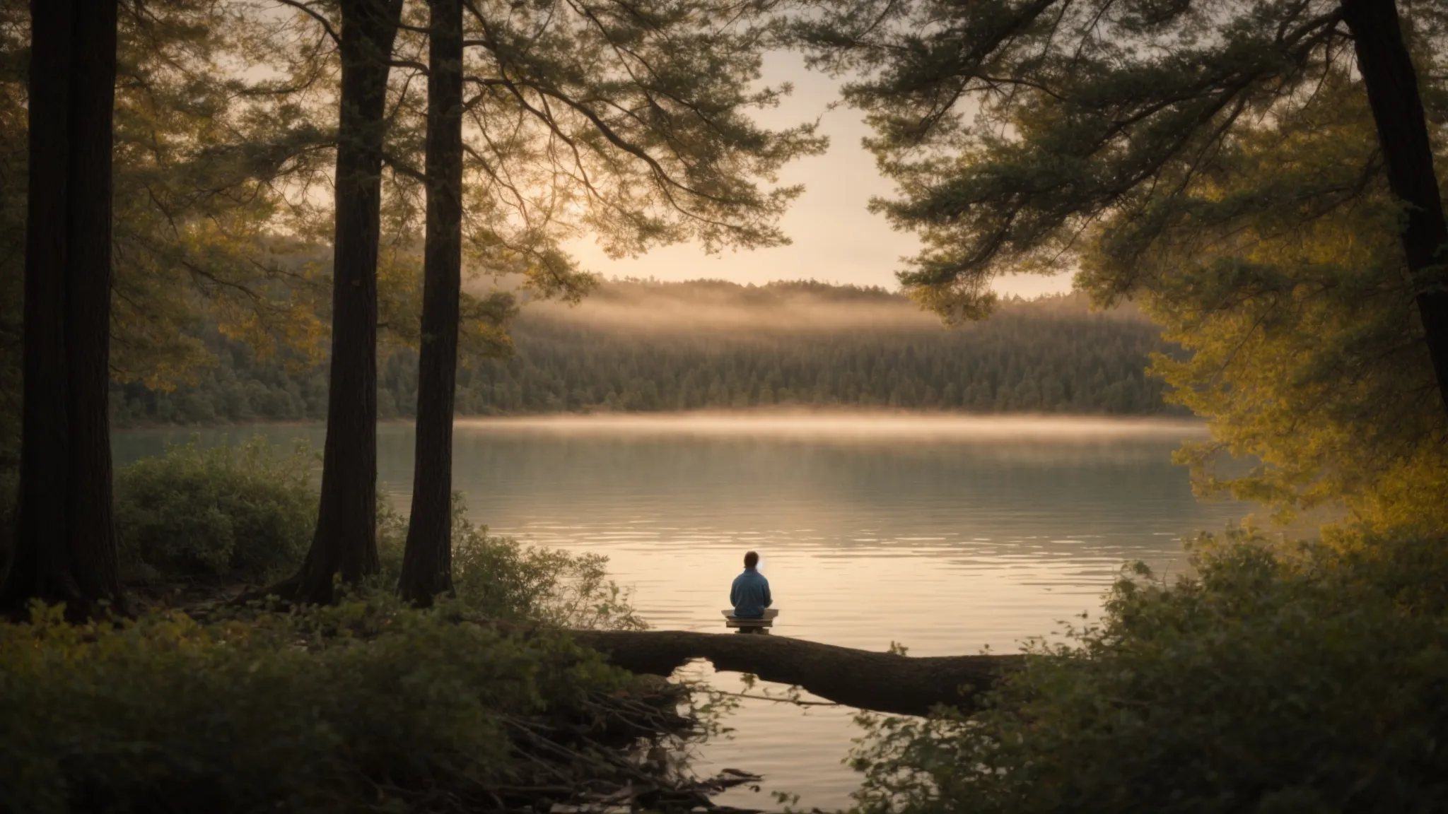 a serene lake at dawn, surrounded by trees, with a lone person seated on the shore in meditation.