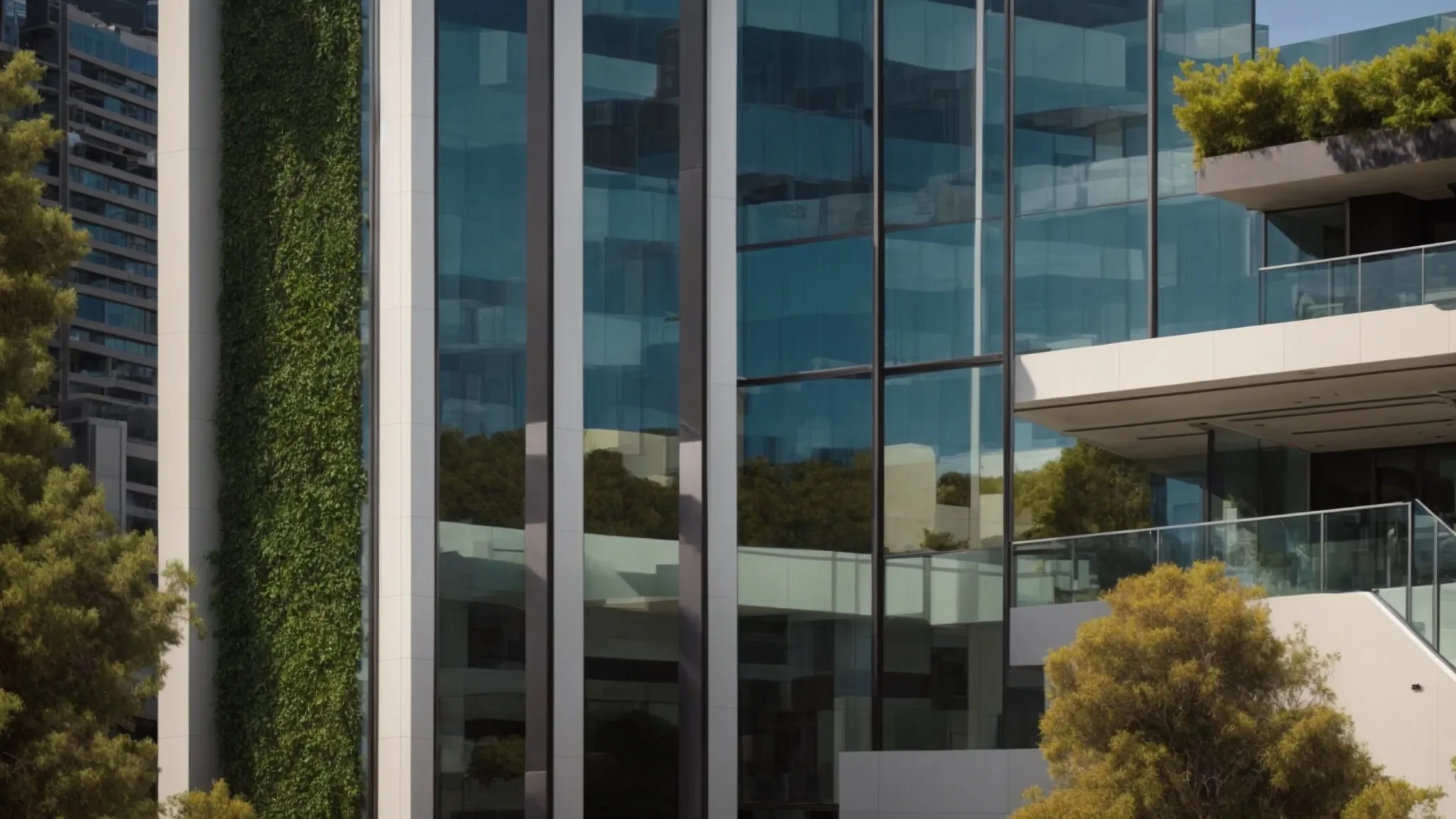 Show a sleek, glass-paneled office building in San Diego with solar panels on the roof, vertical gardens on the exterior walls, and large windows for natural light.