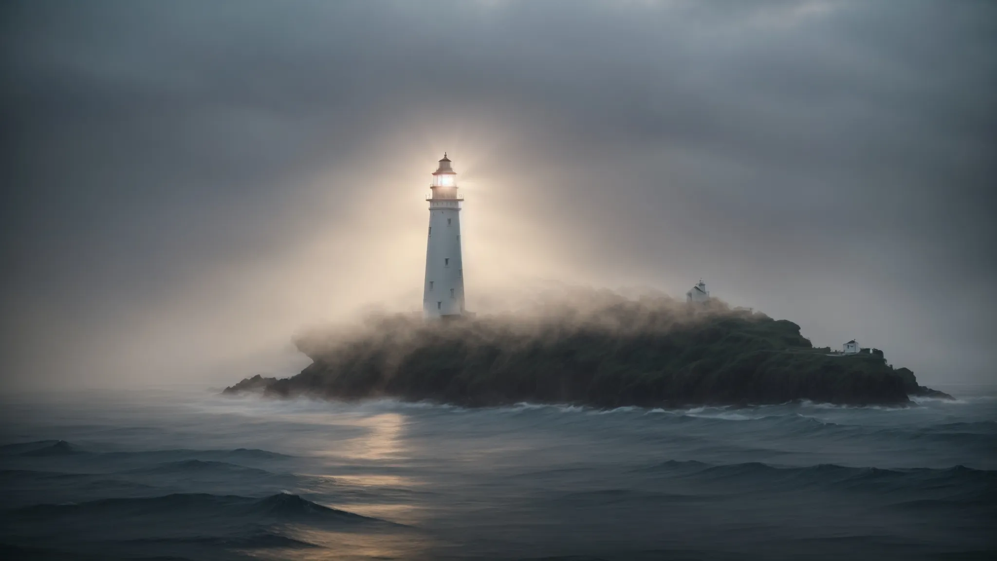 a towering lighthouse beams light through a dense fog at twilight, standing as a solitary guide for navigating the tempestuous sea.