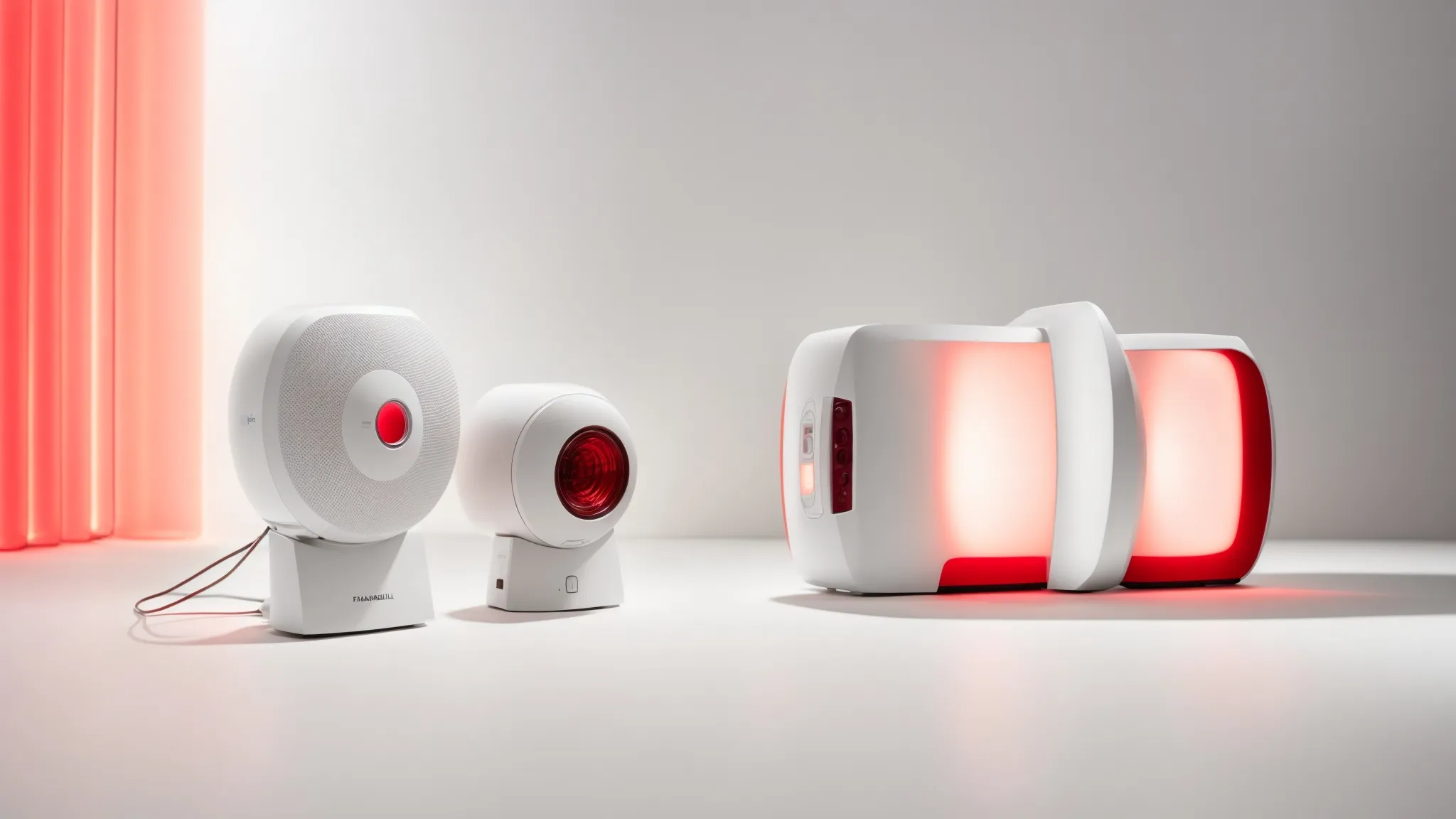 three red light therapy devices, ranging from a small facial mask to a large full-body panel, displayed side by side on a plain background.