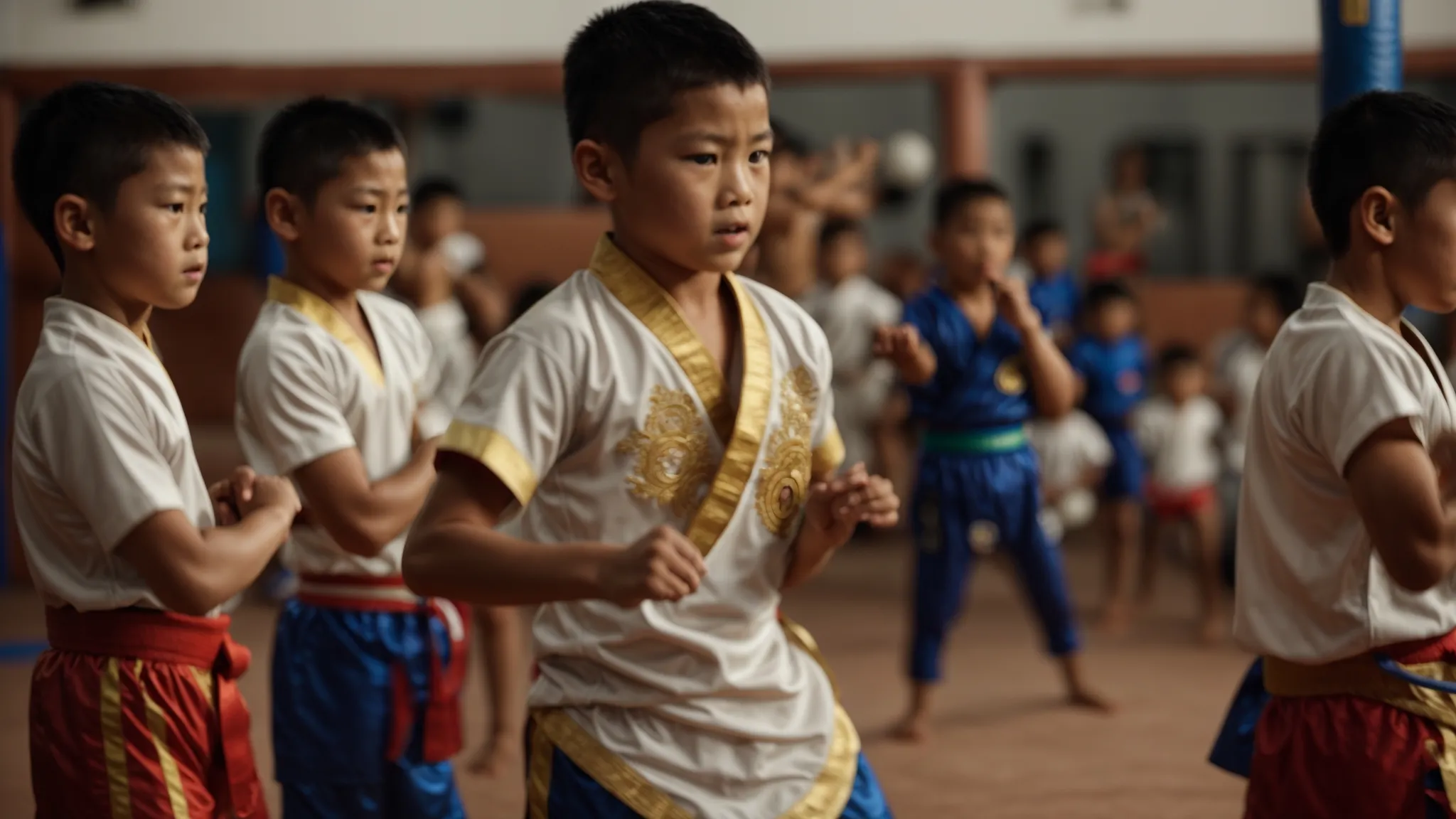 a circle of children in traditional muay thai attire, focused and attentive, as an instructor demonstrates a kick at the center of the dojo.