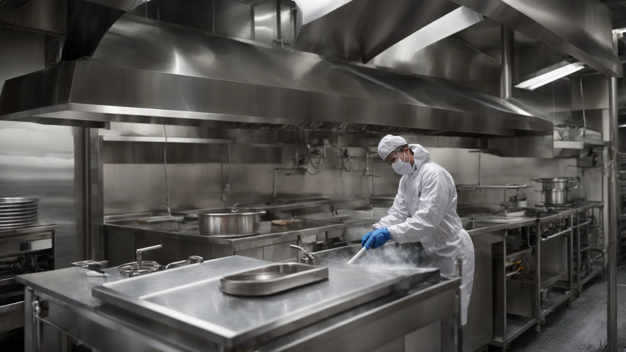 a professional hood cleaner wearing protective gear is working on a commercial kitchen's exhaust system to ensure cleanliness and safety.