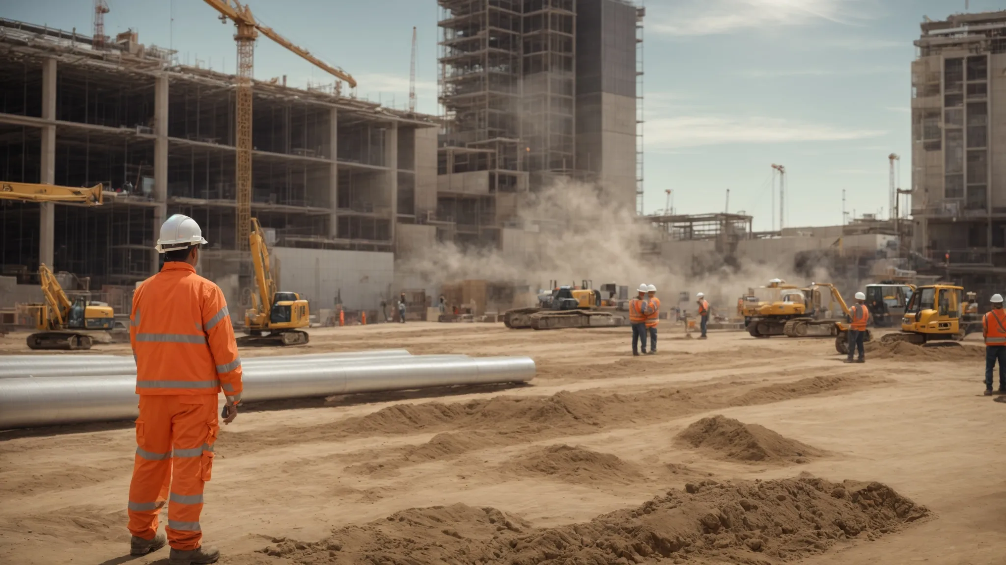 create an image of a construction site in San Diego, with workers wearing safety gear and following regulations. Include futuristic construction equipment and technology to represent future trends and developments in the industry.