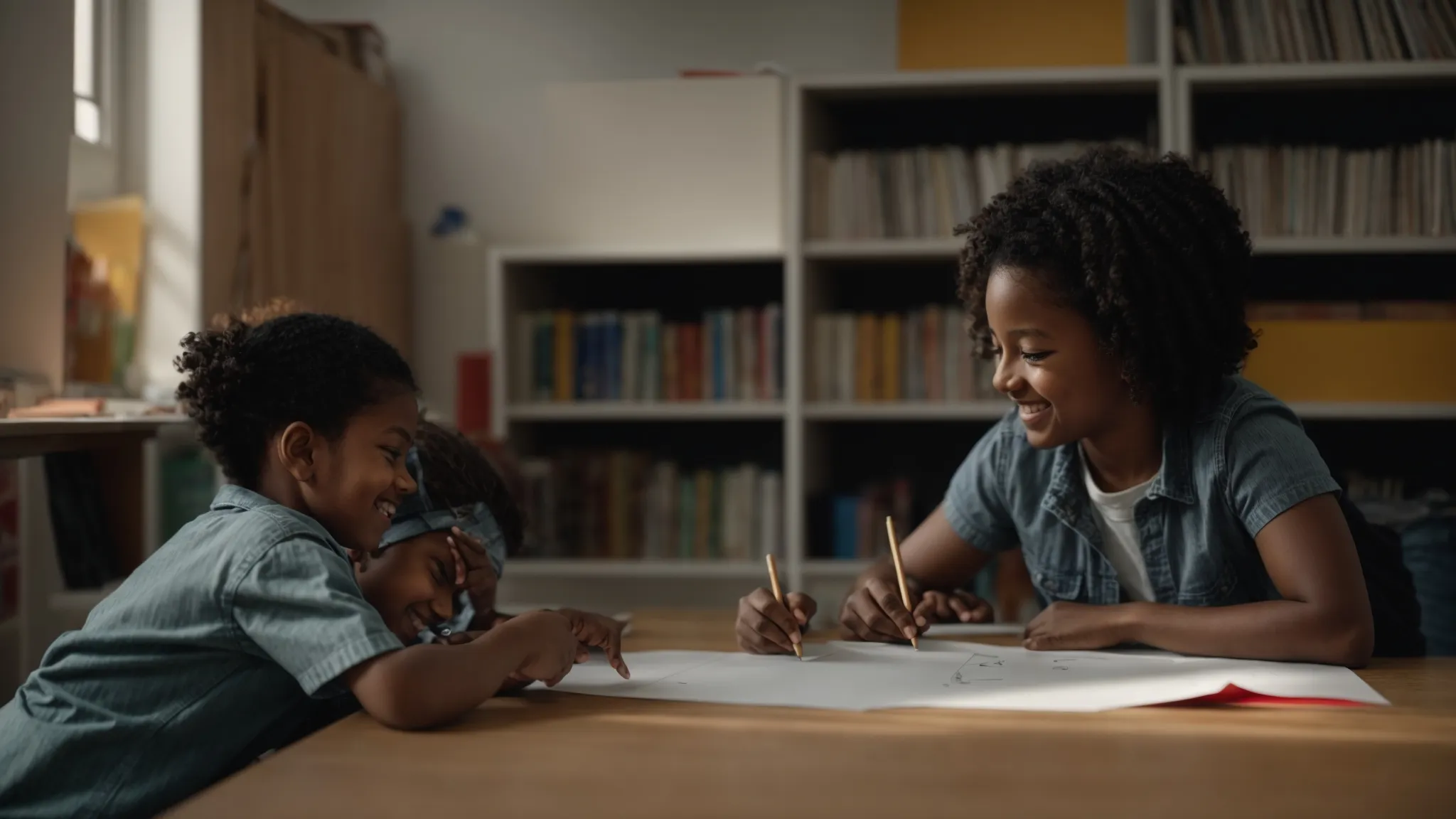 a teacher kneels beside a child at a desk, both smiling as the child points to a drawing they've made.