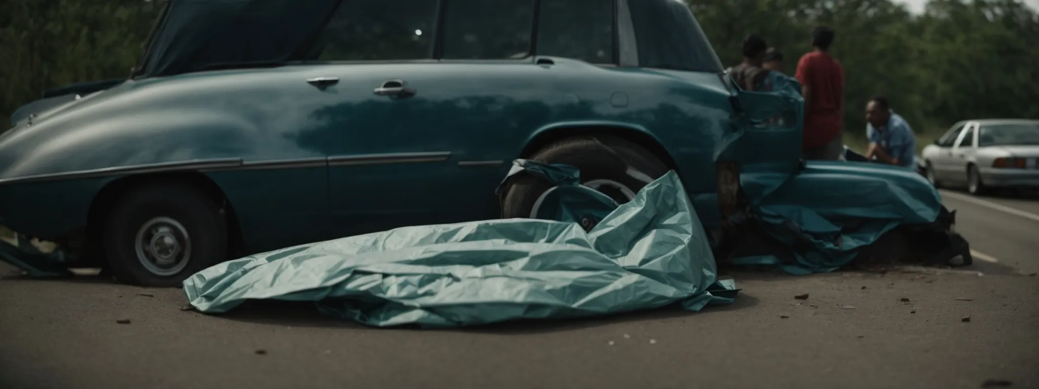 a crumpled car rests on the side of a road while distressed individuals stand nearby, with emergency lights flashing in the background.