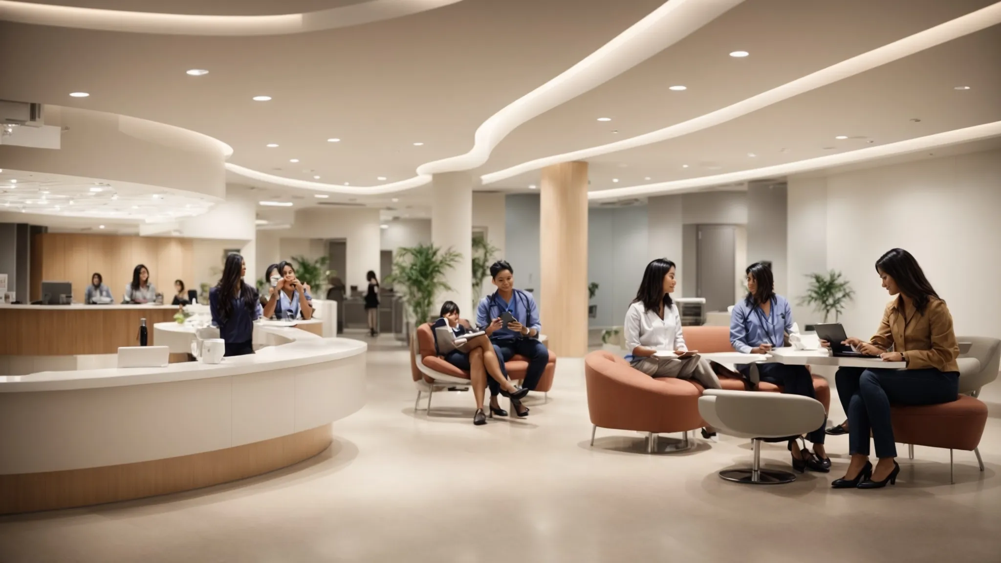 a modern, well-lit healthcare facility reception with people engaging on various digital devices.