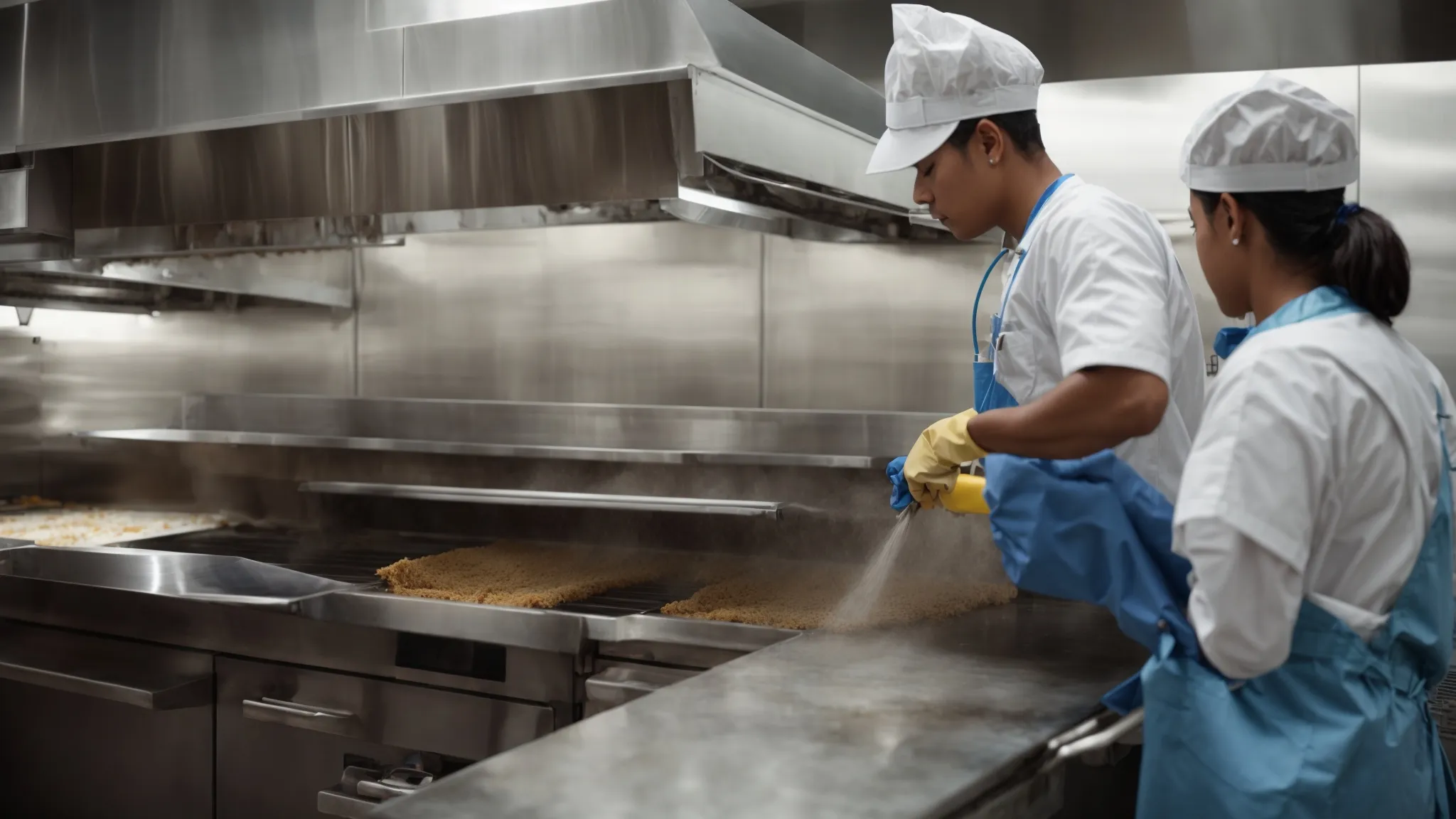 a professional cleaning team meticulously sprays and scrubs down an industrial kitchen exhaust hood, removing every trace of grease and debris.