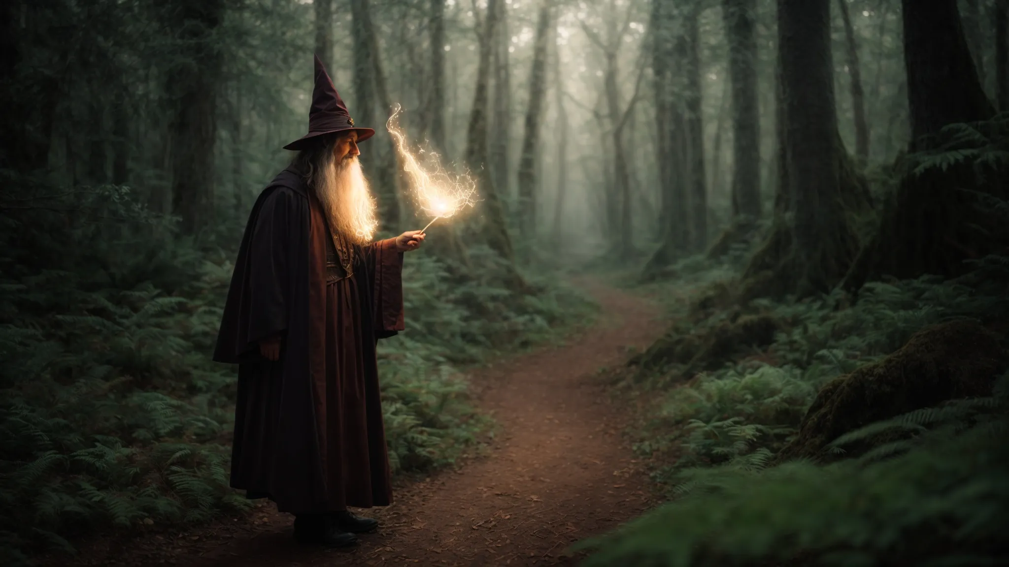 a wizard casts a spell over a mystical forest, illuminating paths that lead to hidden treasures.