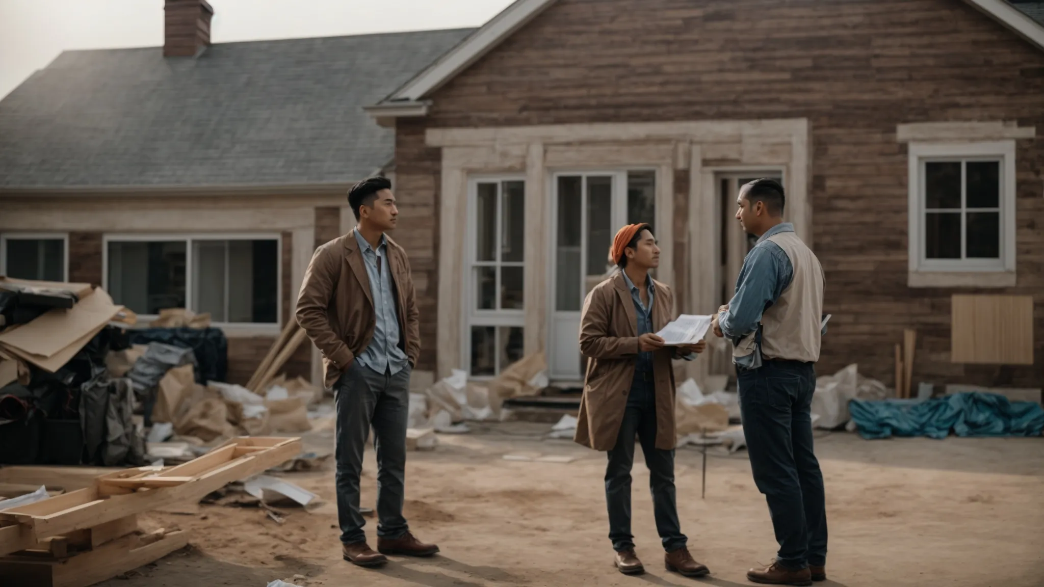 a couple is discussing plans with a contractor in front of a house undergoing renovations.