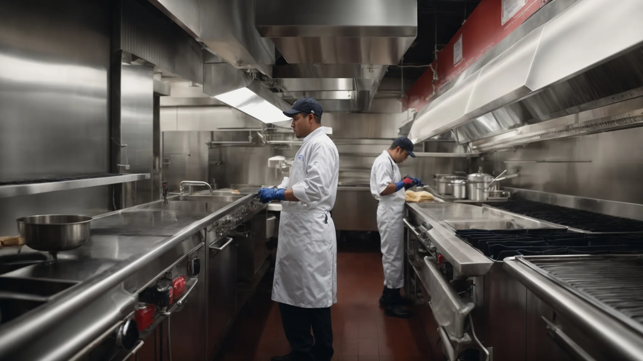 a professional hood cleaning team meticulously inspects a restaurant's kitchen exhaust system to ensure compliance with ontario's stringent safety regulations.