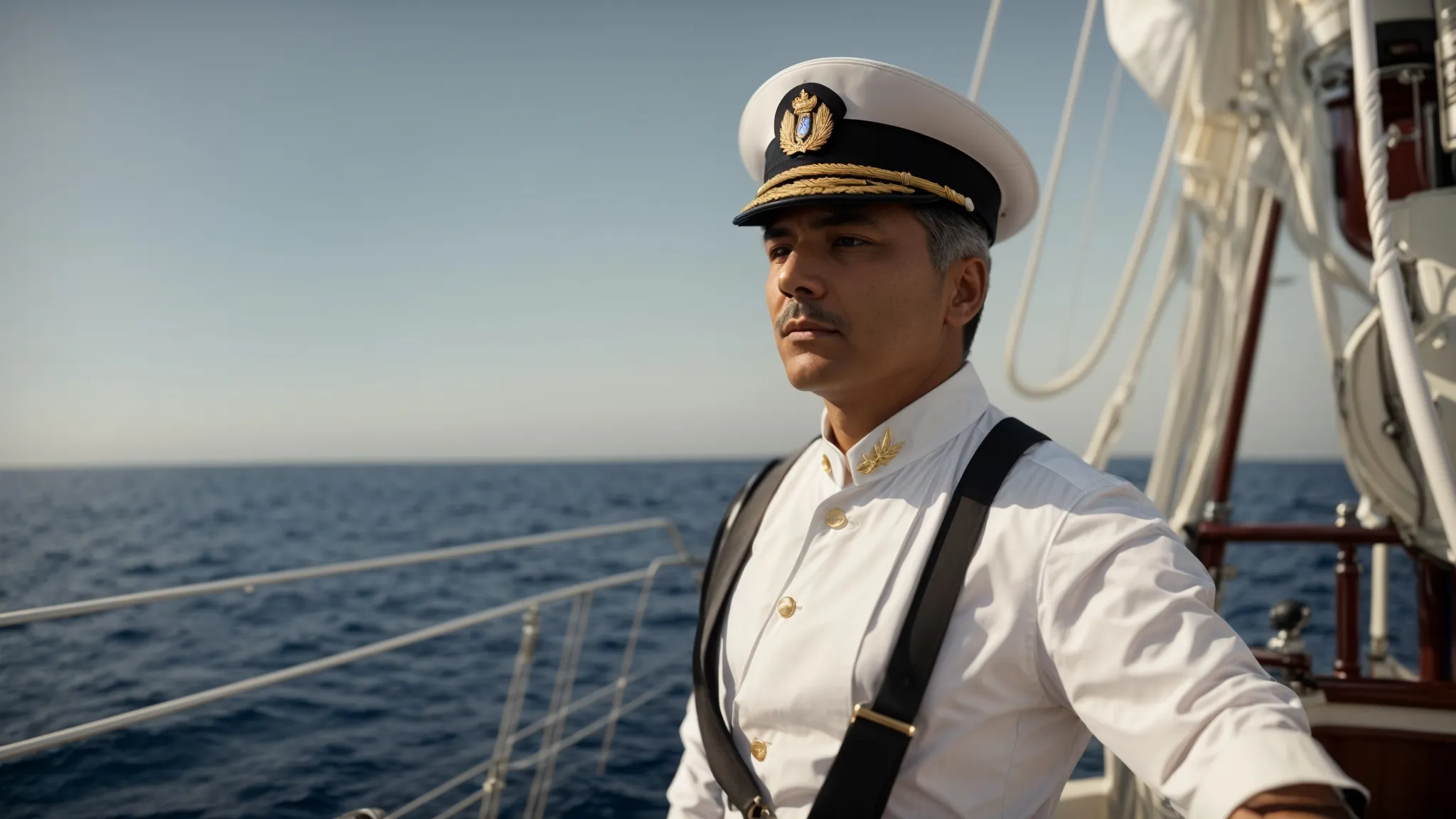 a ship's captain stands at the helm, intently navigating through a vast, open sea under a clear sky.