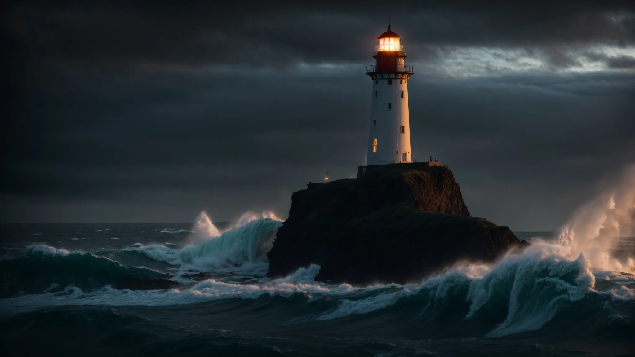 a lighthouse stands tall on the coast, guiding ships through the night with its powerful beam.