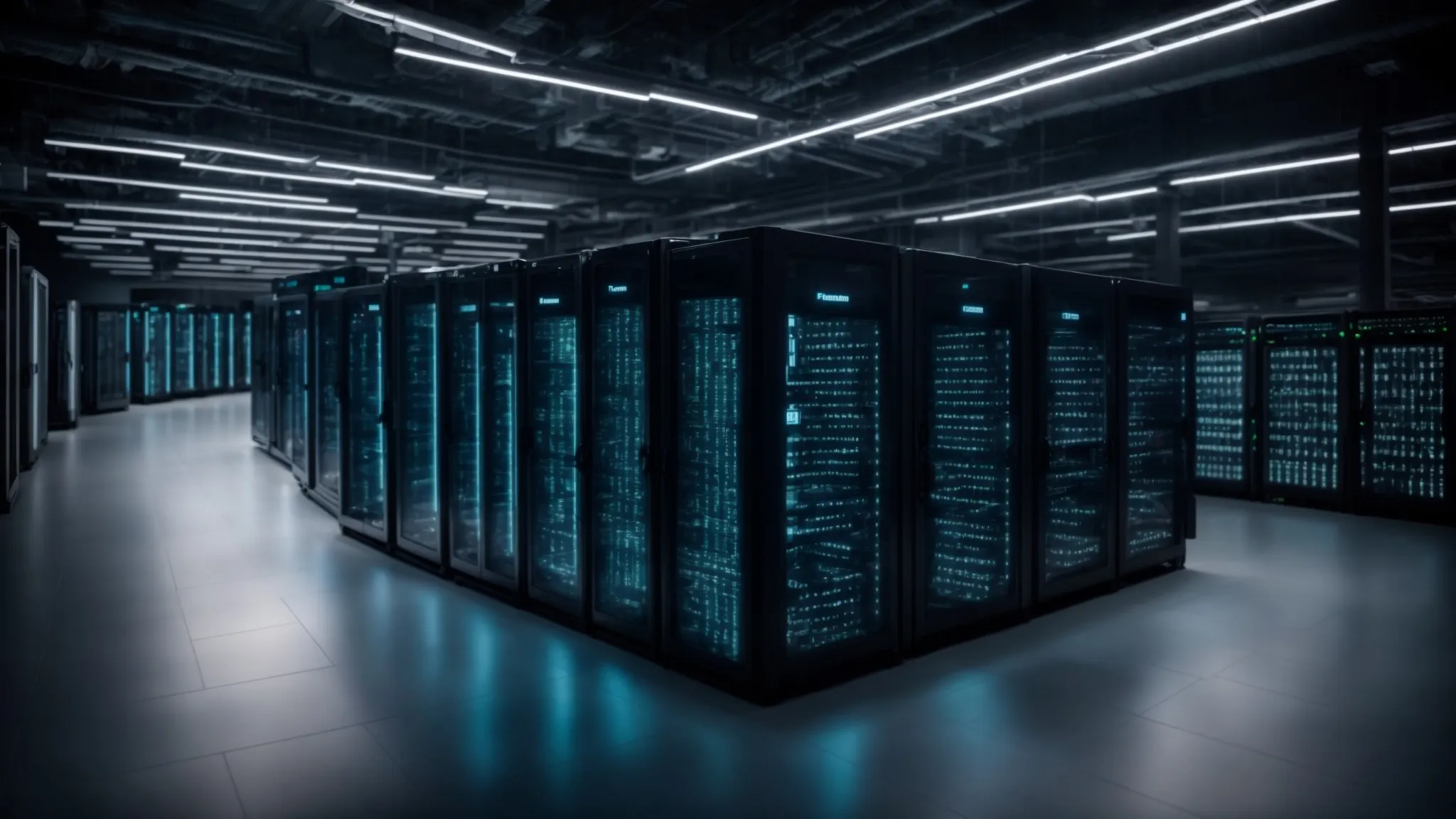 a vast, modern data center with rows of high-tech servers glowing in a dimly lit room.