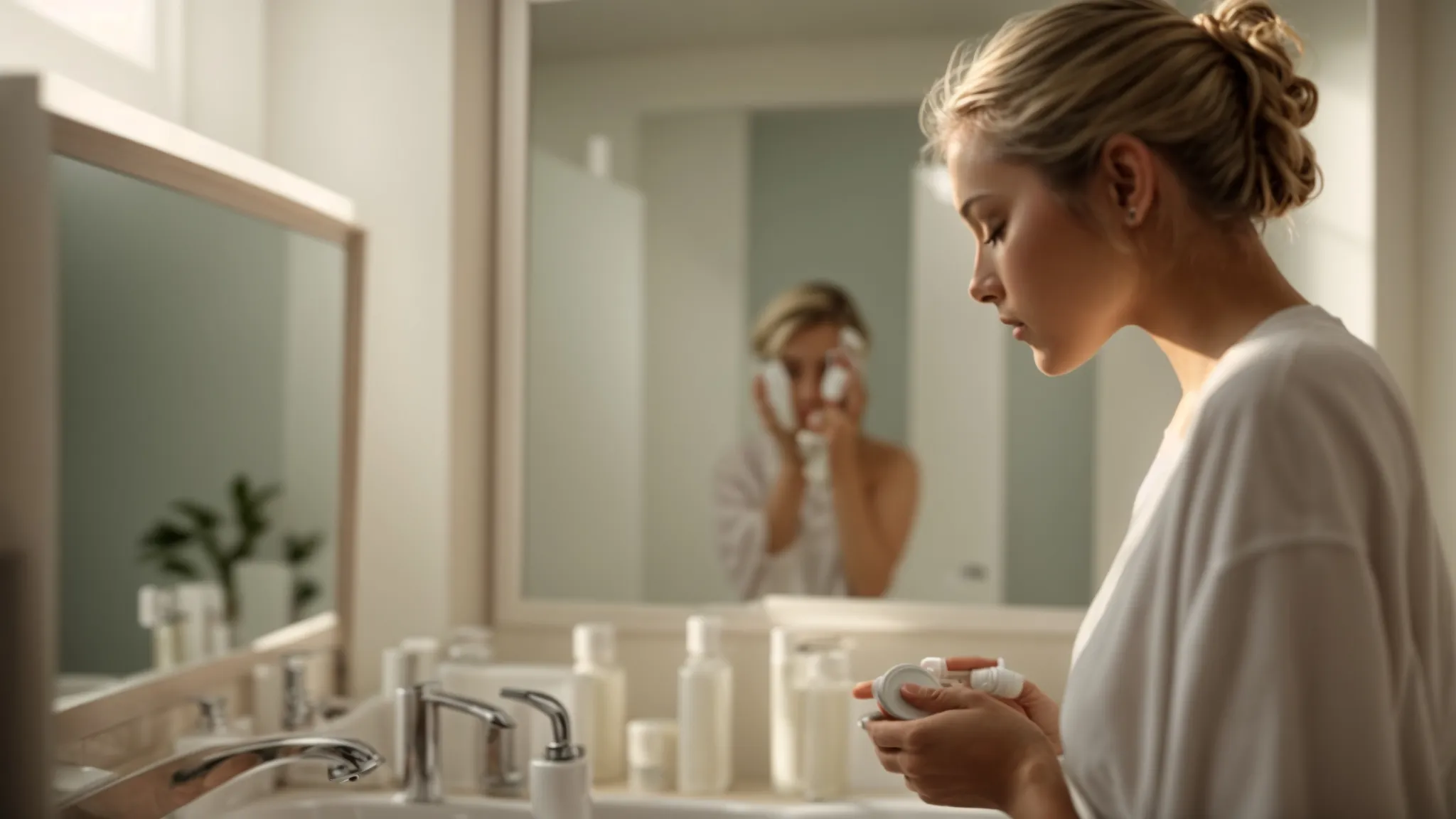 a person applying a facial cream while standing in front of a bathroom mirror, bathed in soft, morning light.