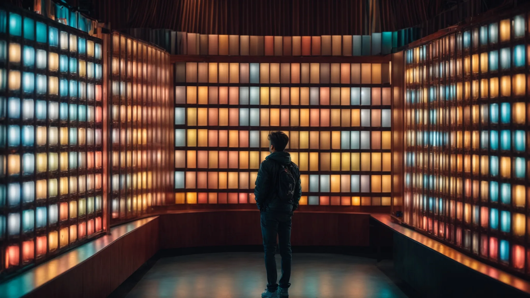 a person gazes at a wall displaying various illuminated led panels showcasing different brightness levels and color spectrums.