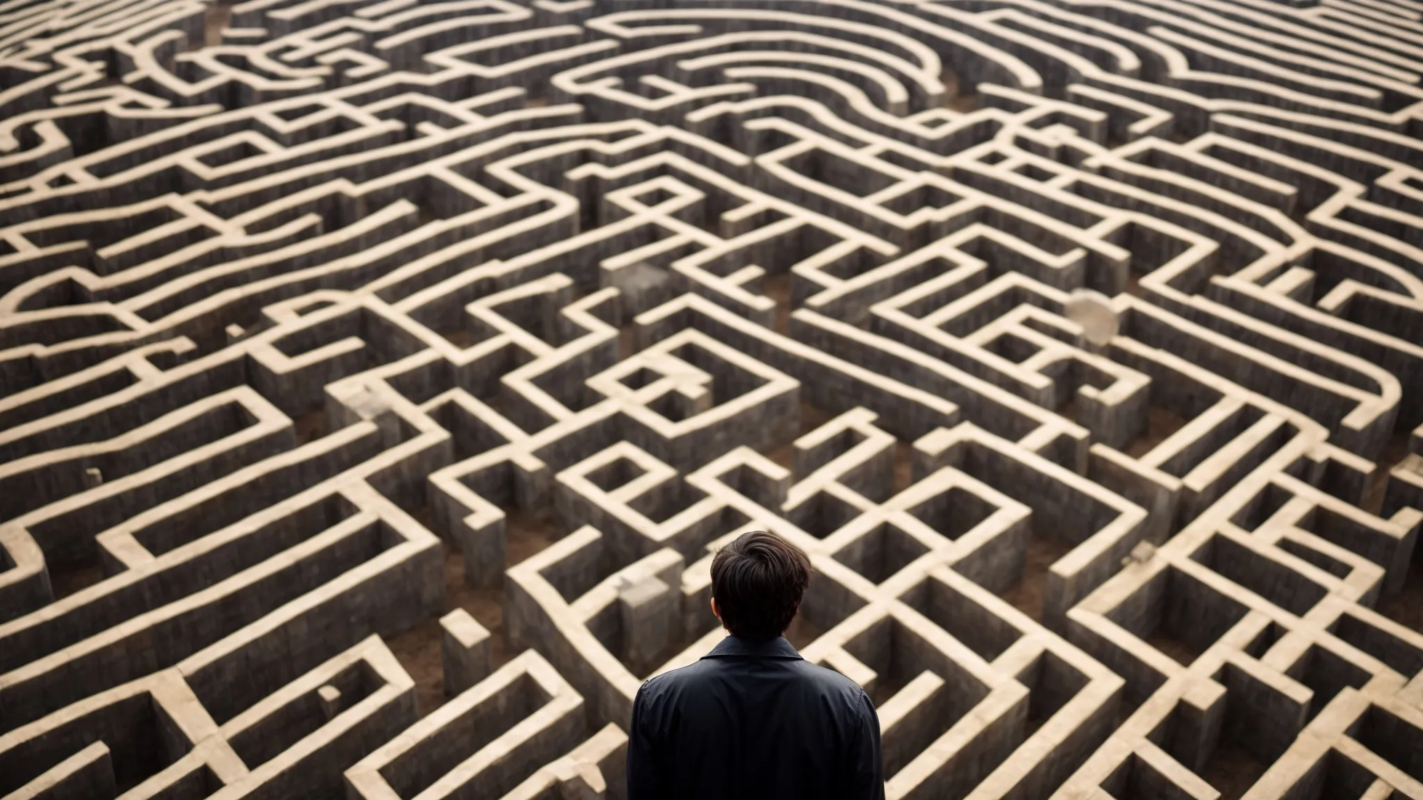 a person standing at the entrance of a large maze, gazing into its complex pathways.