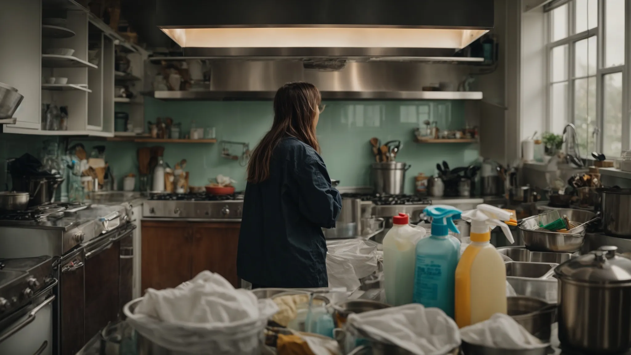 a person stands in a kitchen, surrounded by various cleaning supplies, ready to tackle the grease-laden Toronto Hood Cleaning exhaust hood above the stove.