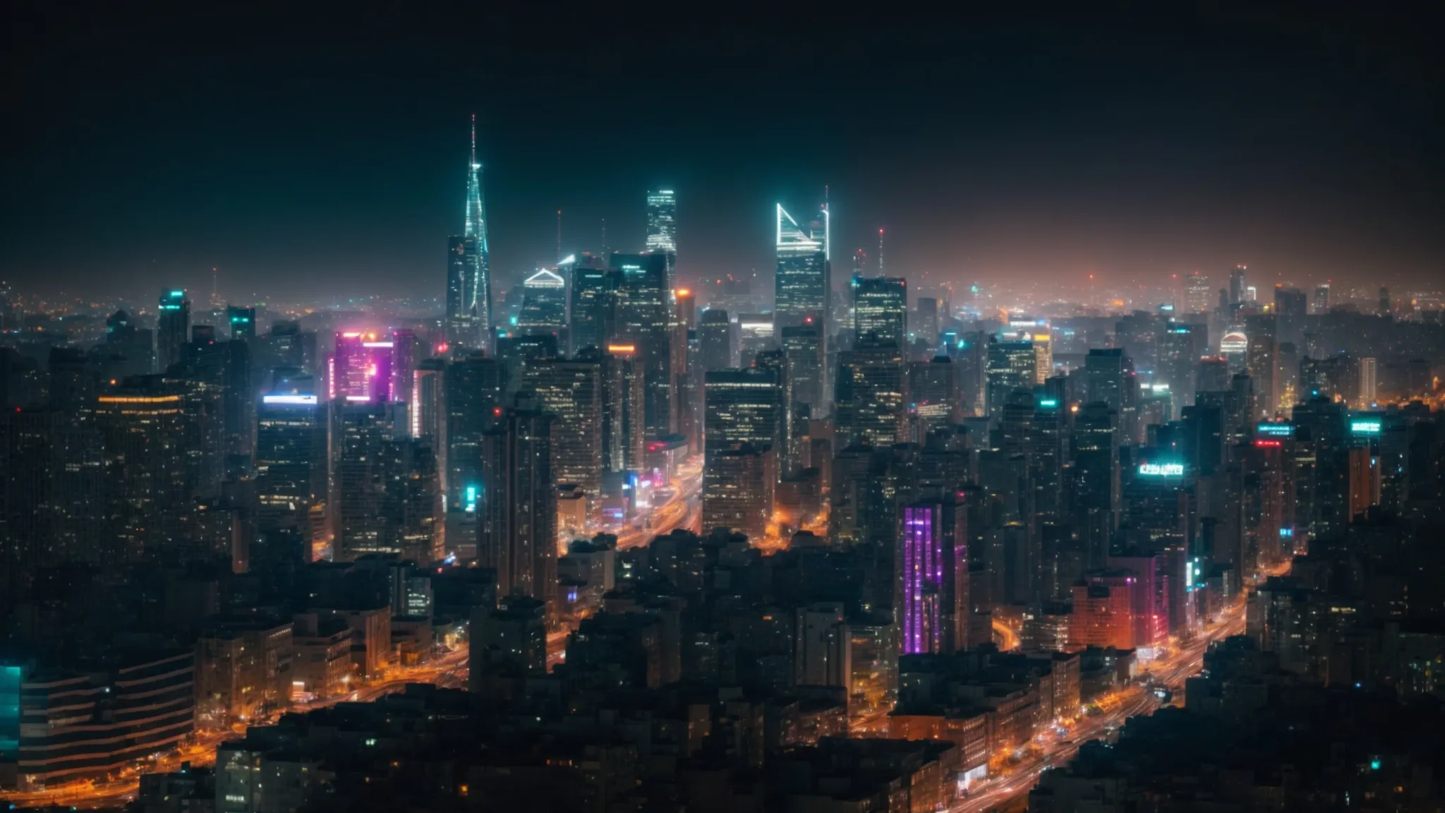 a vibrant city skyline at night, alive with the glow of screens and lights, representing the bustling world of social media.