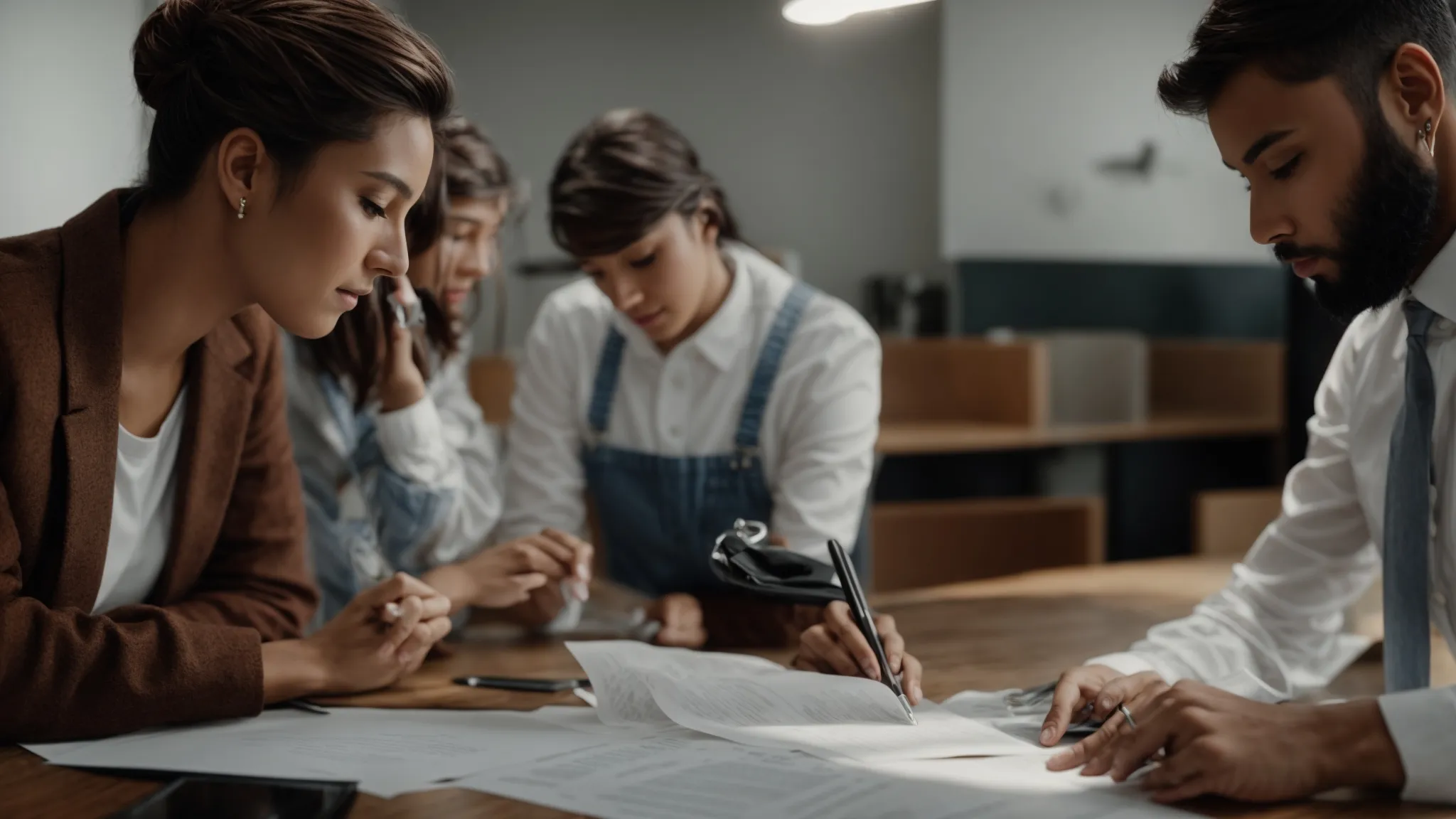 a professional team discusses around a table, comparing documents and using a calculator to assess the value of different hood cleaning services.