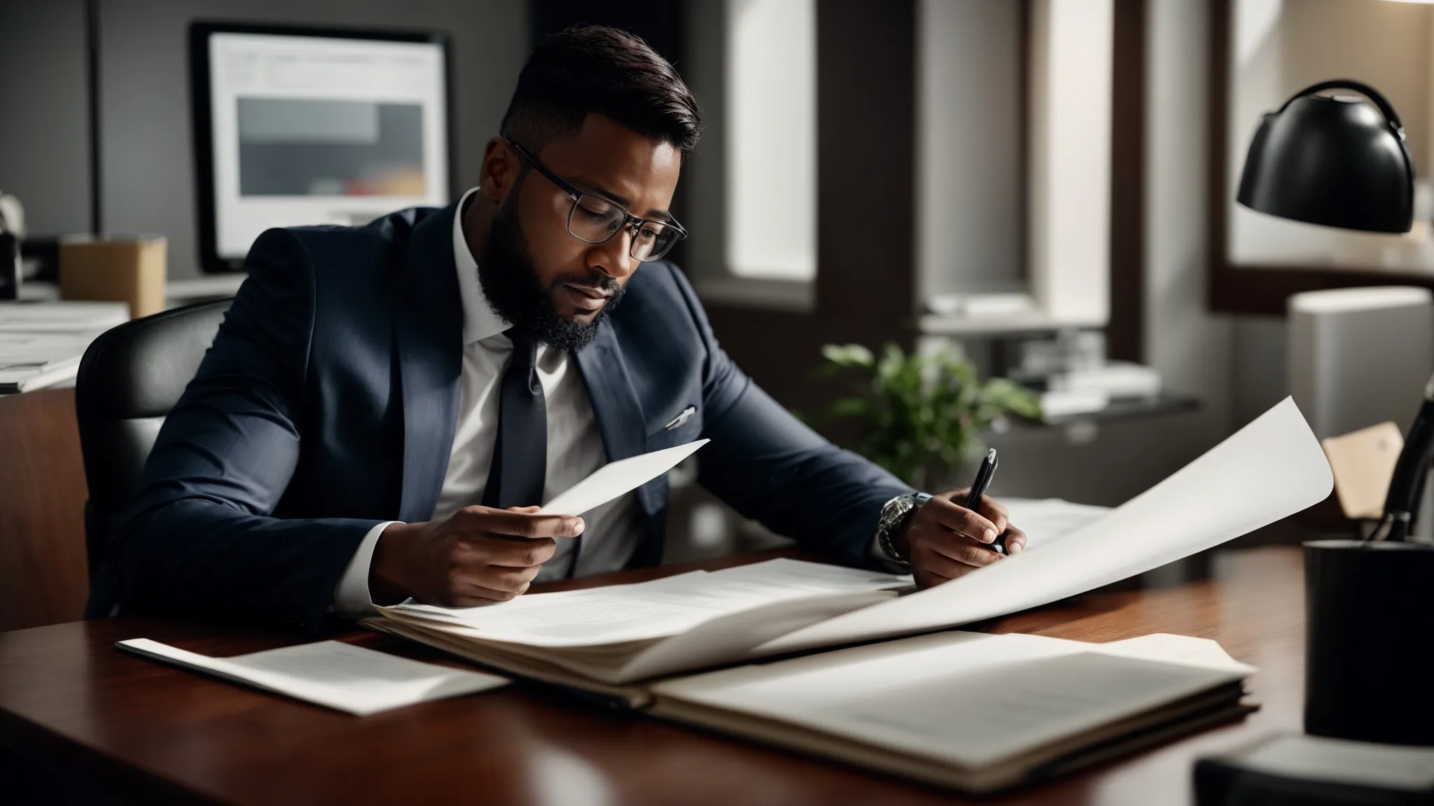 a determined entrepreneur meticulously reviews a thick legal document at their sleek, modern office desk, illuminating the importance of legal diligence in business.