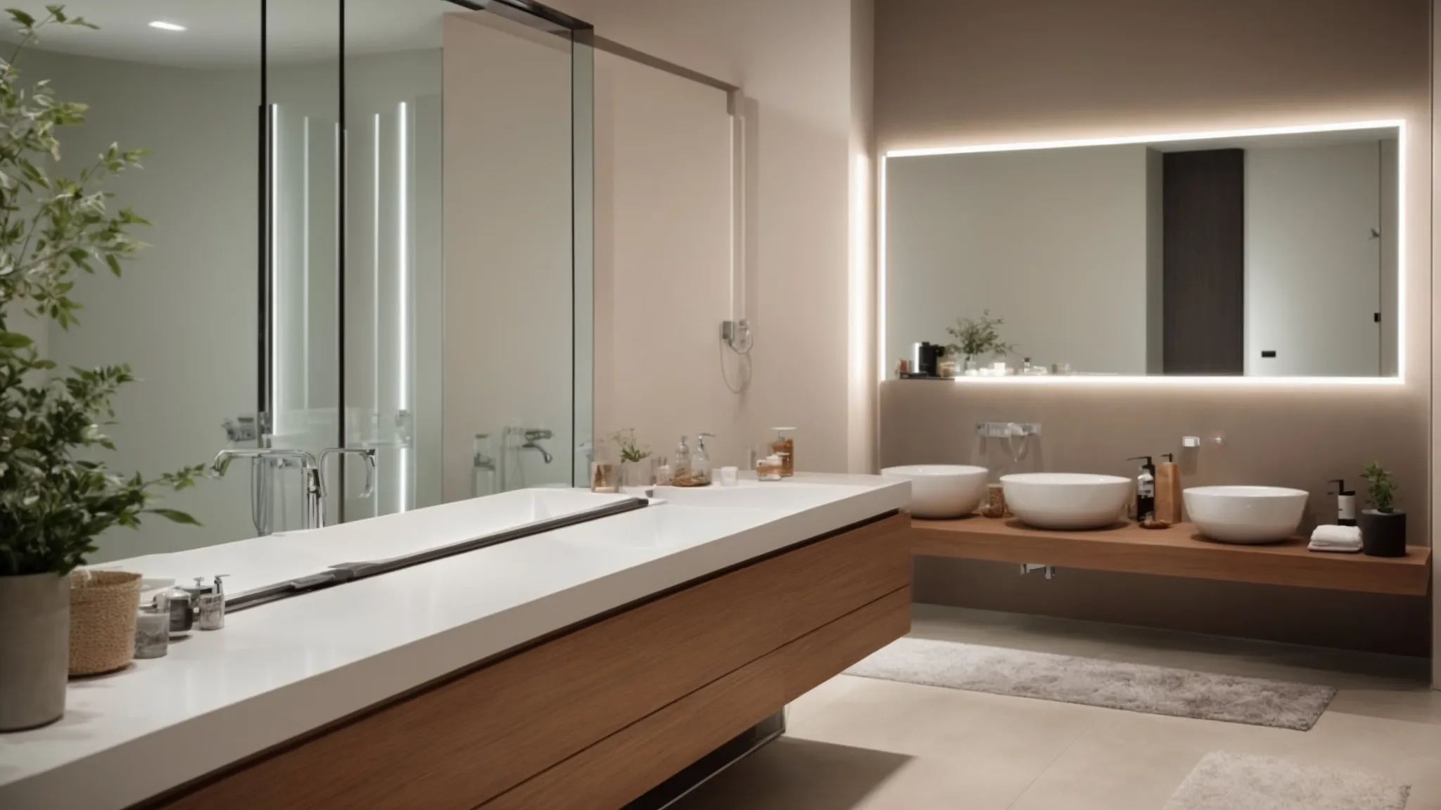 a modern, sleek bathroom featuring an energy-efficient led-lit mirror, low-flow shower, and a fresh air ventilation system.