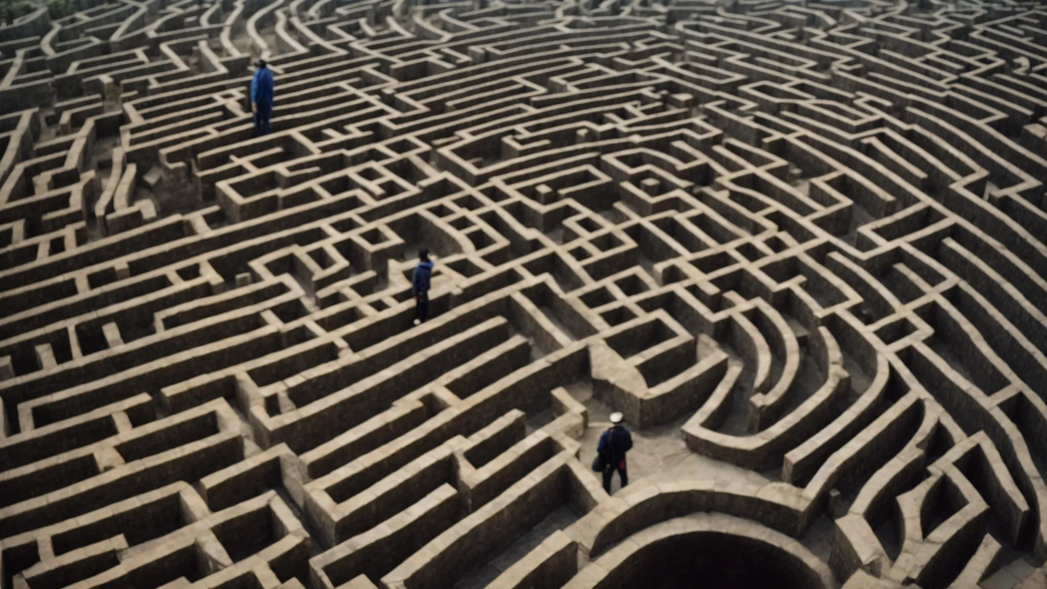 a person standing at the entrance of a complex maze, looking into it with determination.