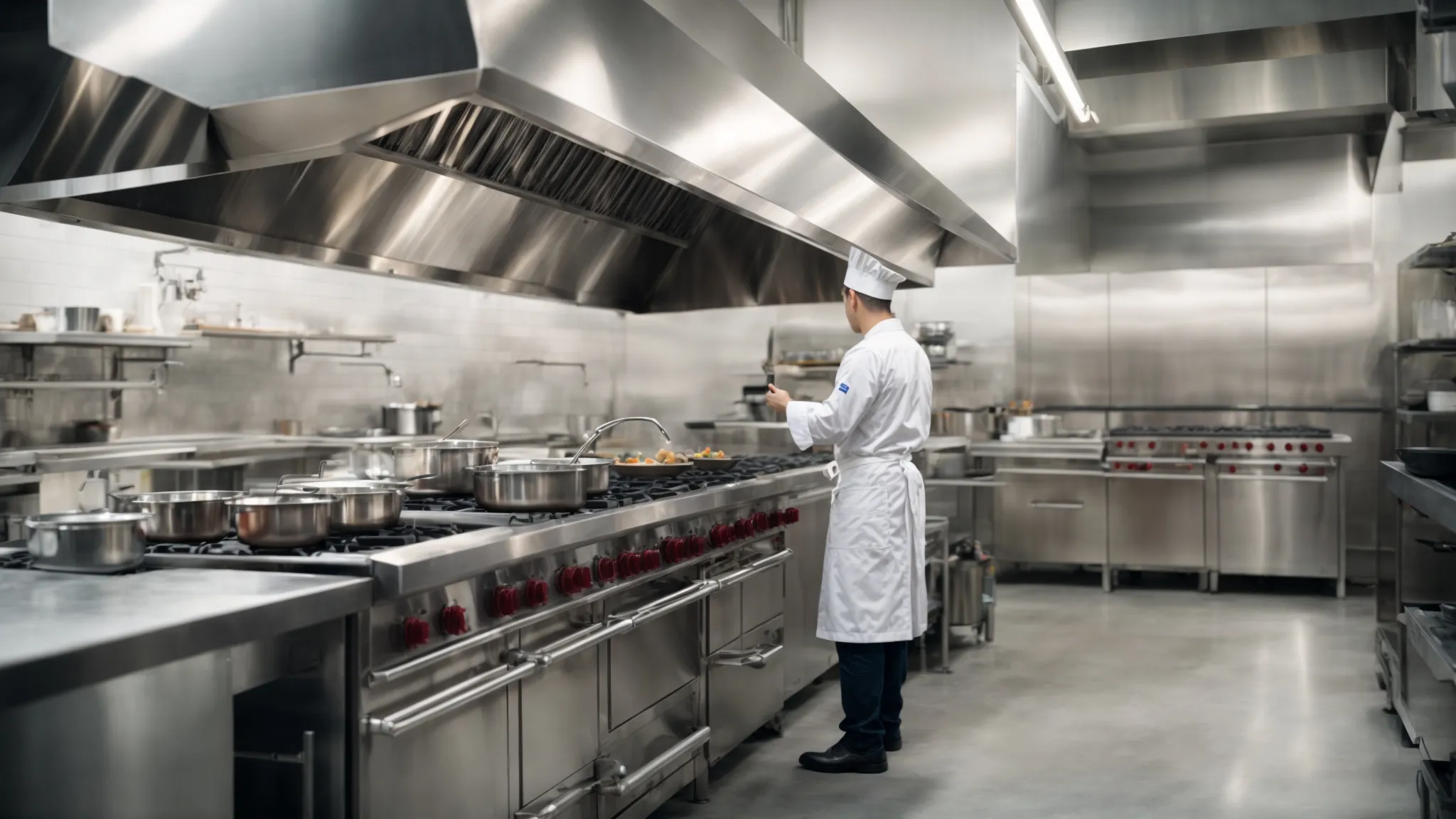 a chef inspects a shiny, clean kitchen hood above a stainless steel stove in a bright commercial kitchen.