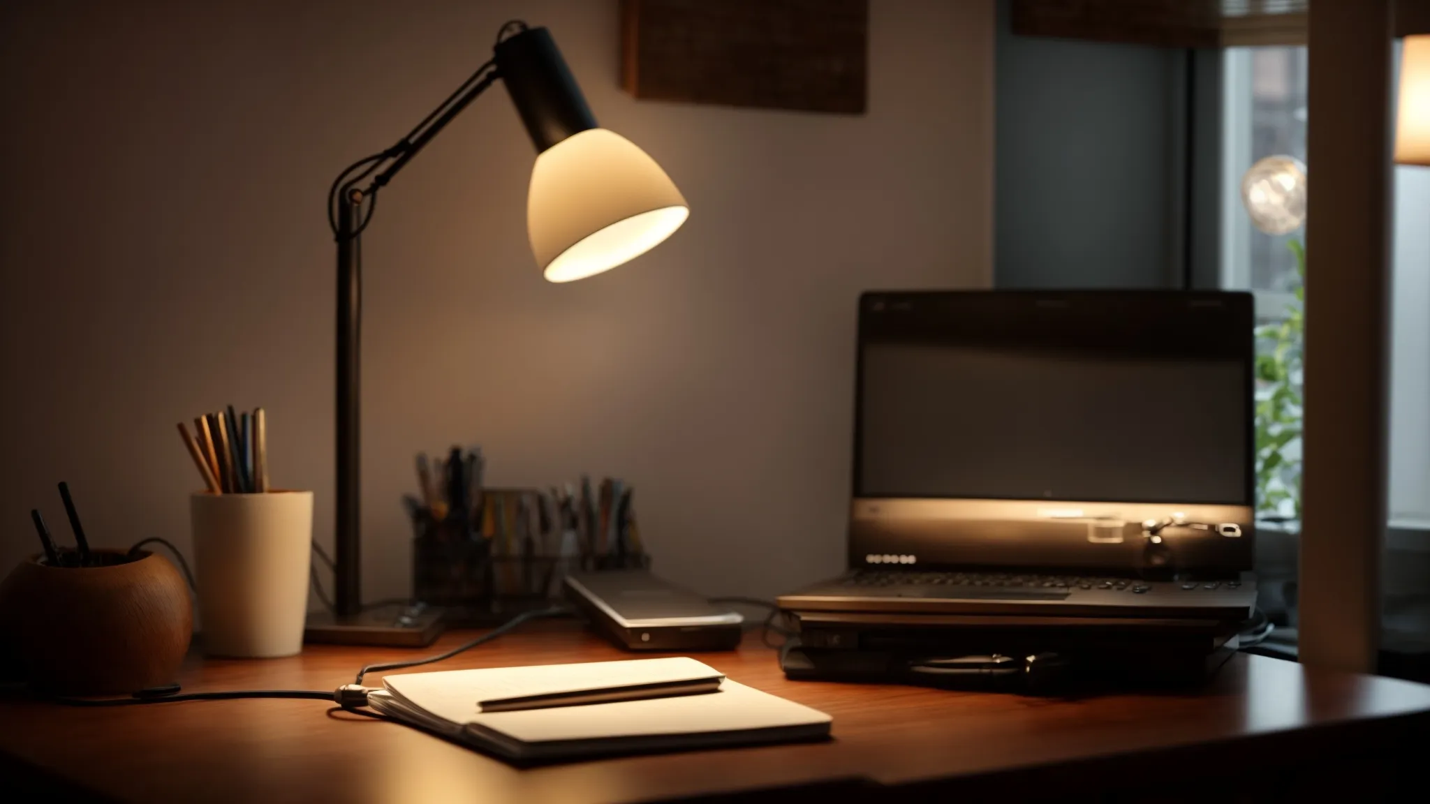 a computer and notebook on a desk under the soft glow of a table lamp, symbolizing the beginning of a freelance journey in technology and creative fields.