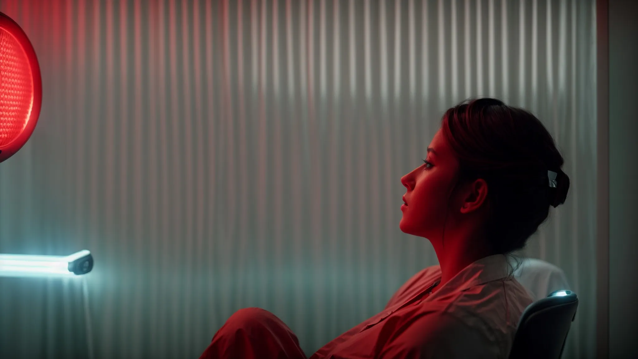 a person sitting under a red light therapy device, focusing the therapeutic light on their scalp.