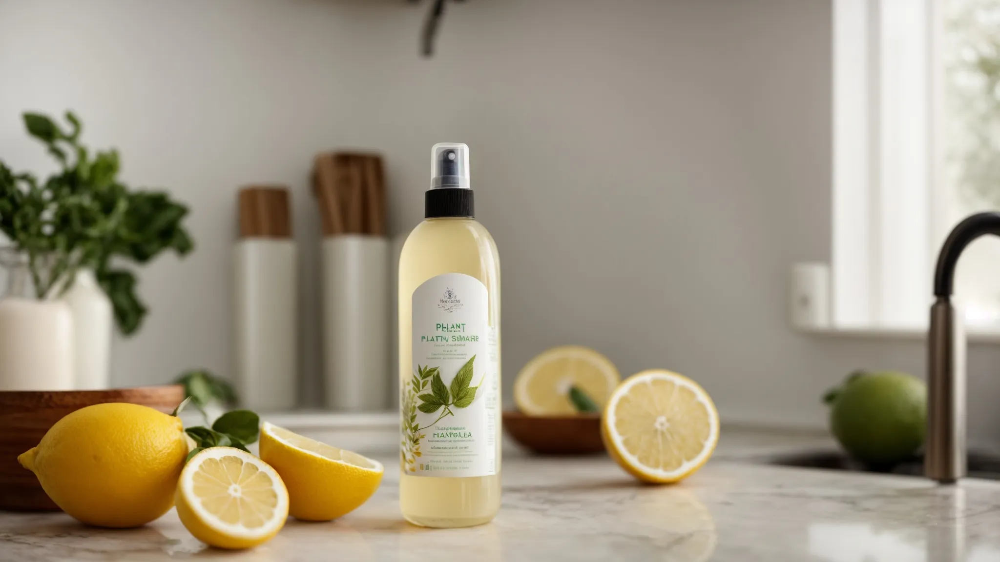 a bottle of plant-based cleaning spray next to a pile of lemons on a kitchen counter.