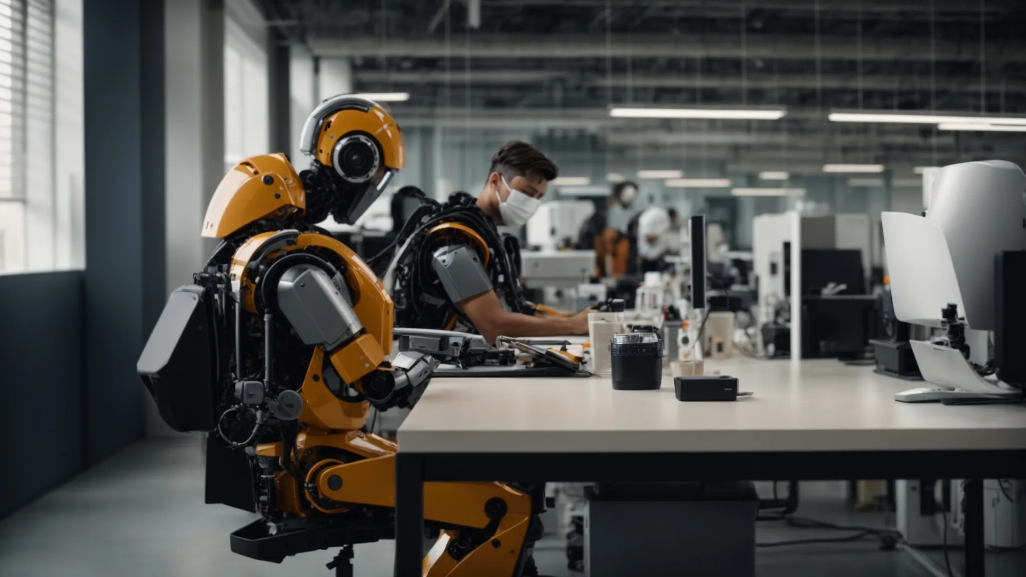 a human and a robot working side by side in a modern office, each engaging with different tasks.