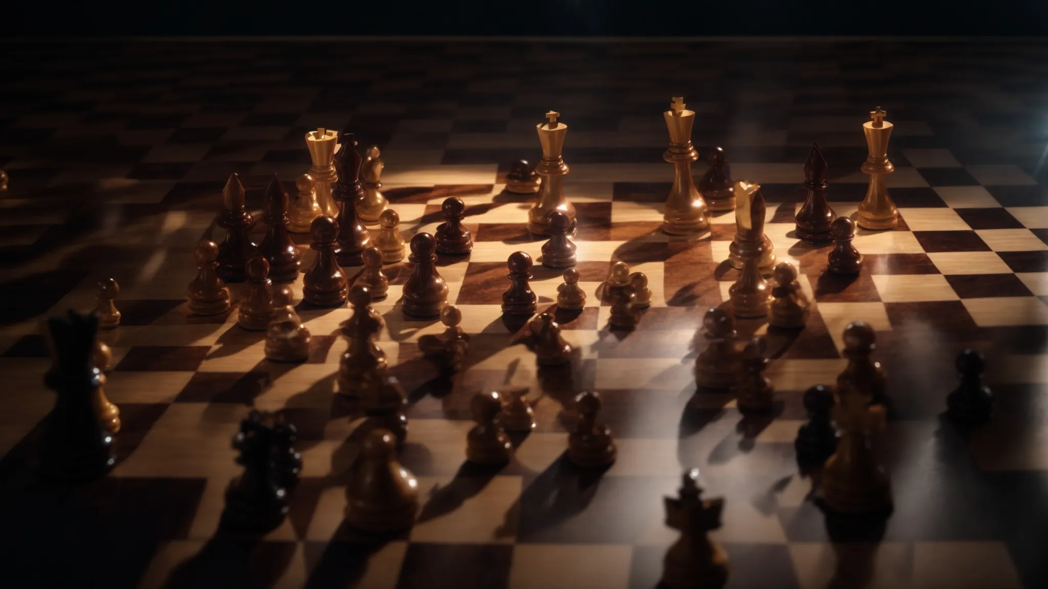 a chessboard under a spotlight, with distinct pieces positioned as if strategizing.