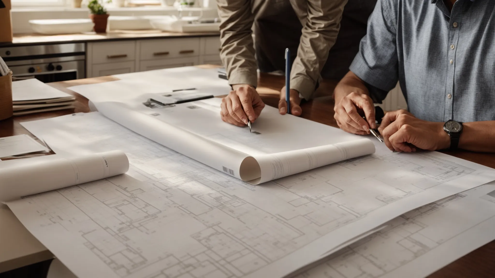 a homeowner reviews documents with a city official across a desk, surrounded by kitchen renovation blueprints.