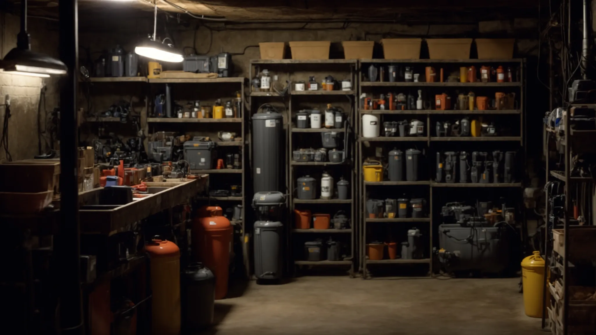 a dimly lit basement with sump pump units and various battery backup systems on shelves.