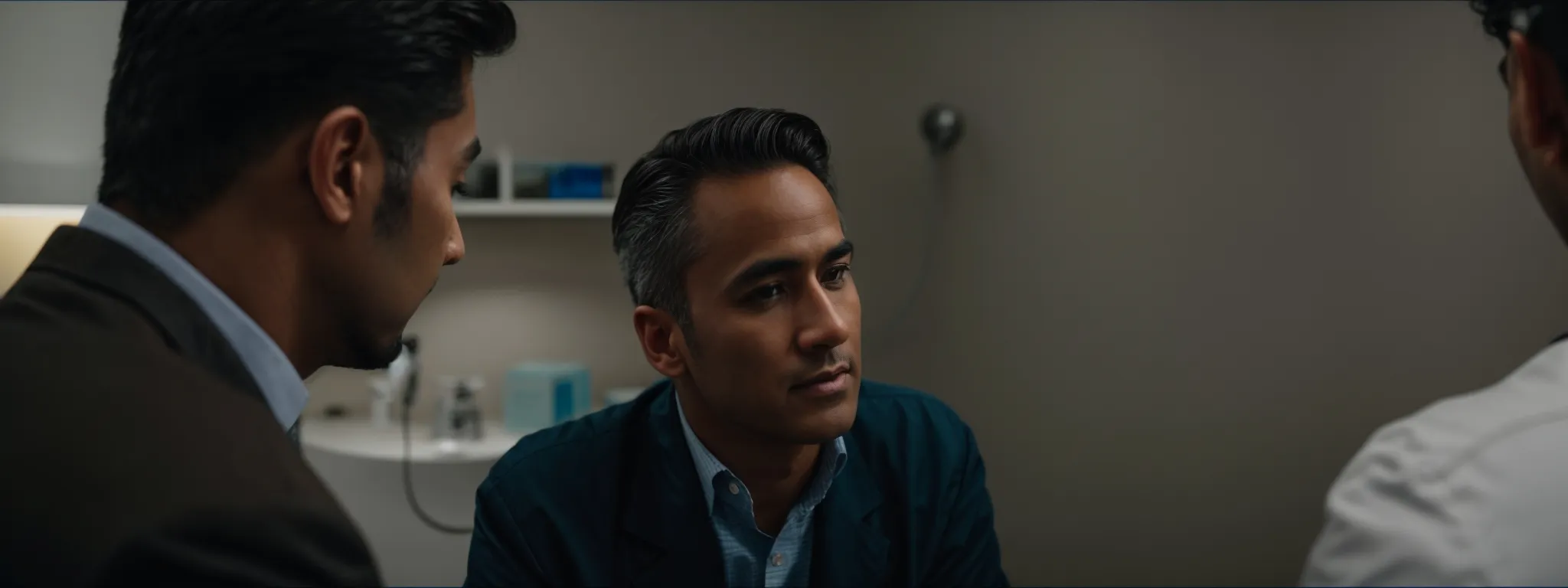 a close-up of a patient having a conversation with their oral surgeon in a well-lit clinic office.