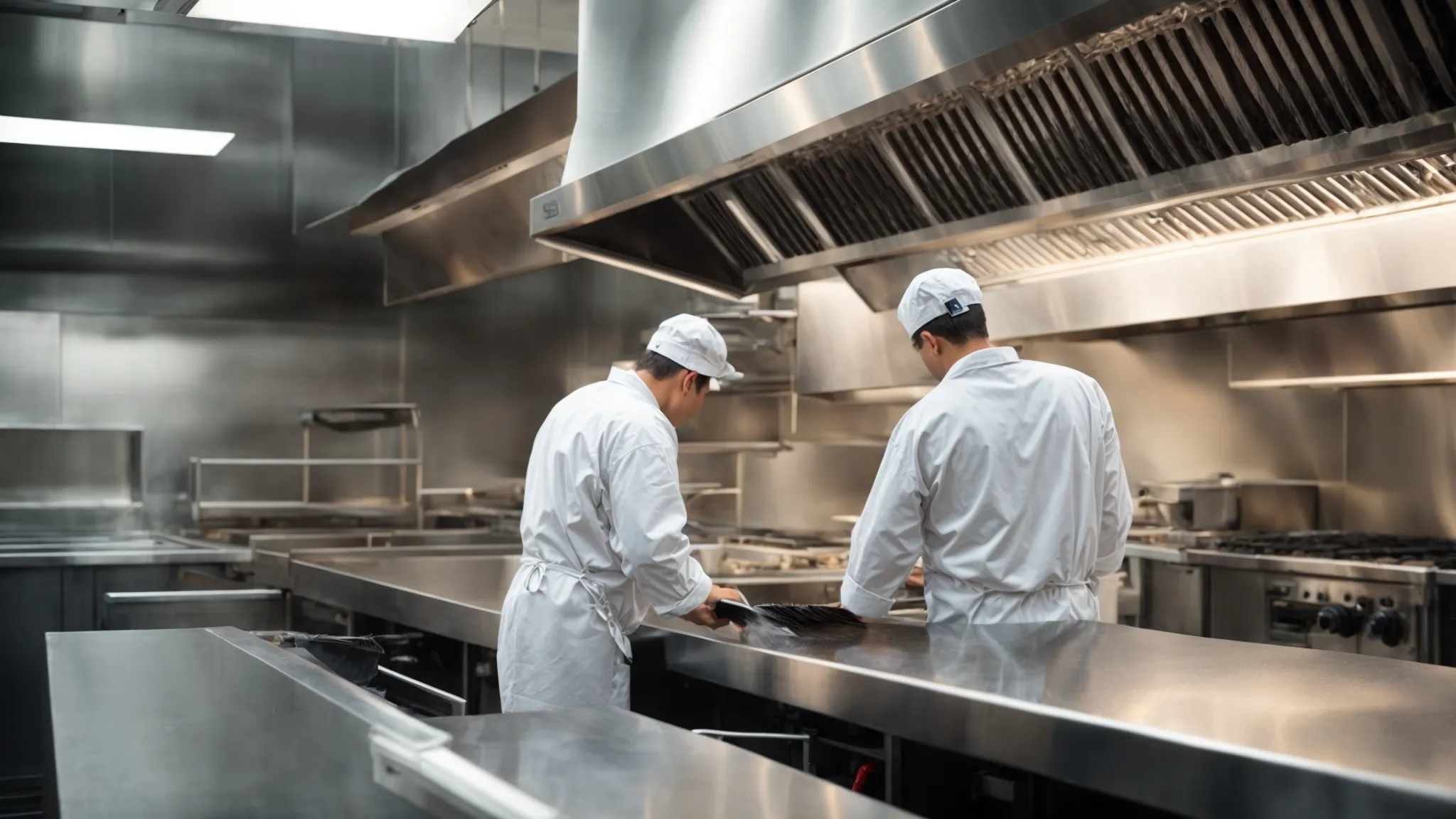 a professional team cleans a large commercial kitchen hood, ensuring it sparkles and functions efficiently.