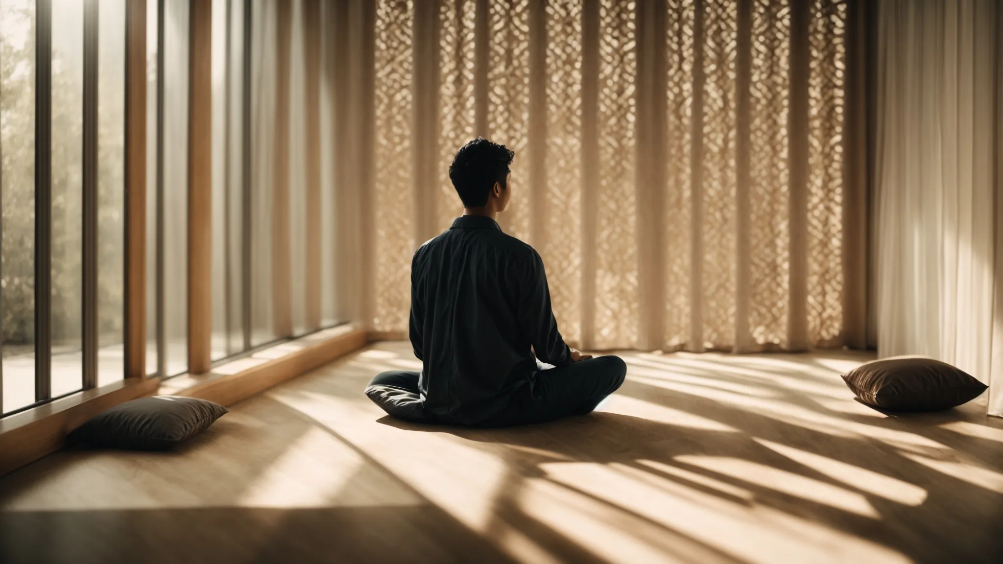 a silhouette of a person meditating in a tranquil, sunlit room, sitting with a straight posture on a cushion.