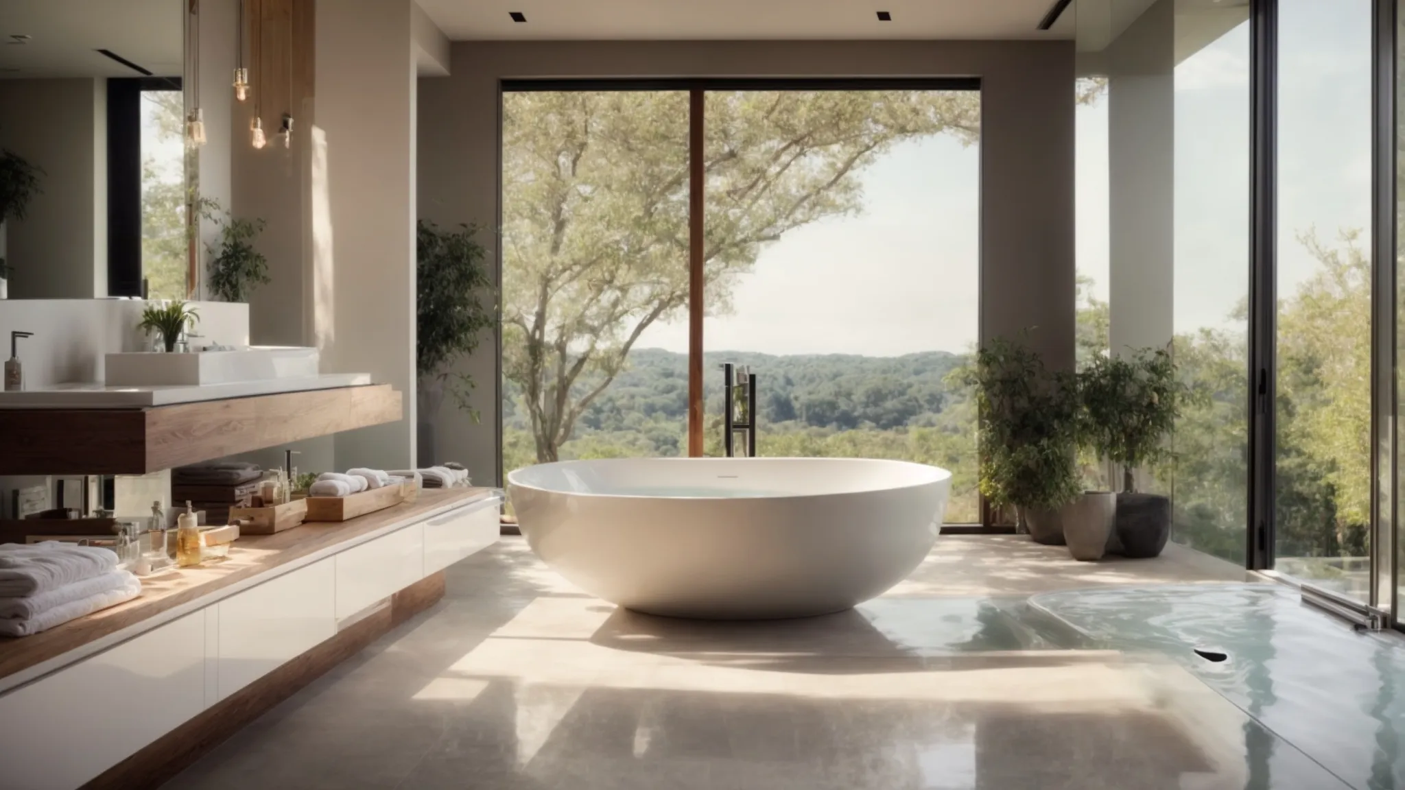 a modern, elegantly renovated bathroom showcasing a freestanding bathtub with a large window overlooking serene nature.