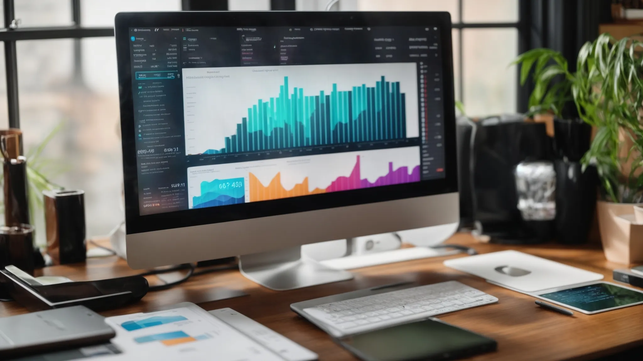 a computer screen displaying colorful graphs and statistics against a backdrop of a bright, organized home office space.