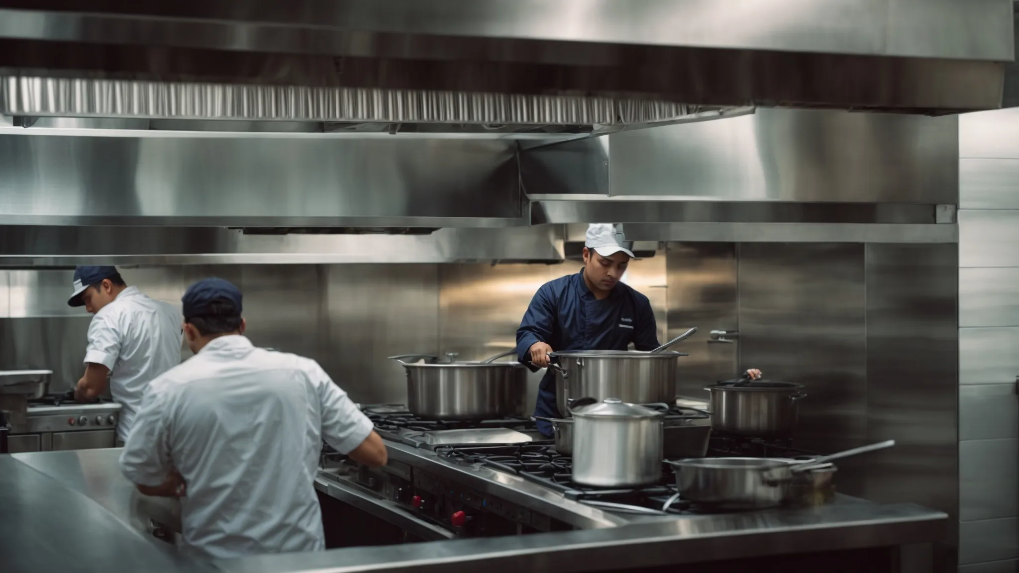 a professional diligently cleans a commercial kitchen hood, ensuring a safe and hazard-free cooking environment.