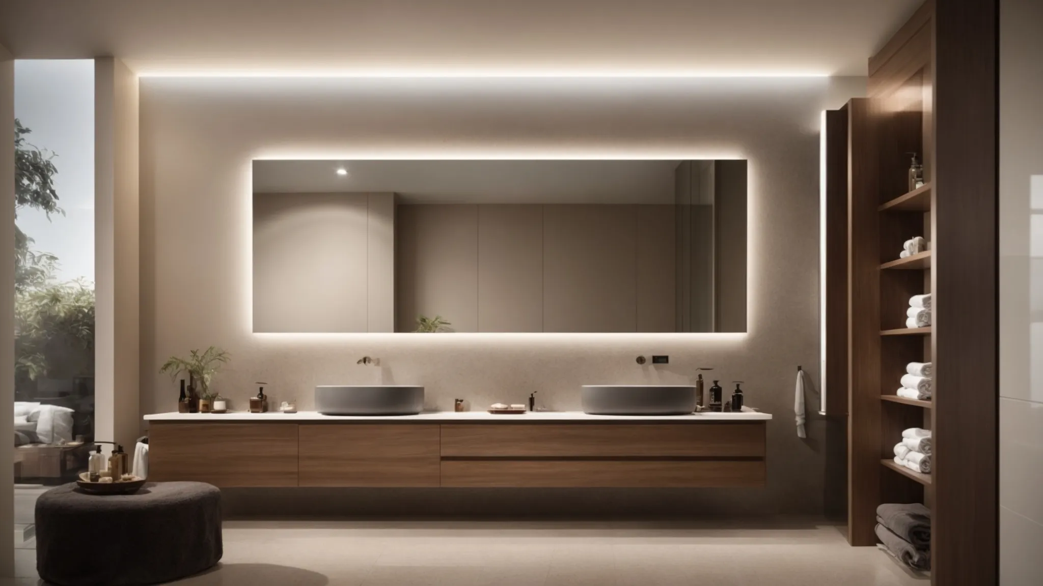 a sleek, modern bathroom featuring an energy-efficient led mirror, ceramic tiled floors, and layered lighting fixtures.