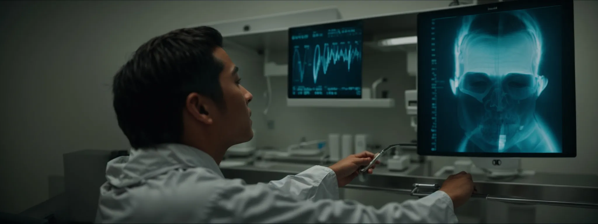 a dentist carefully examines an x-ray of a patient's jaw to identify impacted wisdom teeth removal costs.