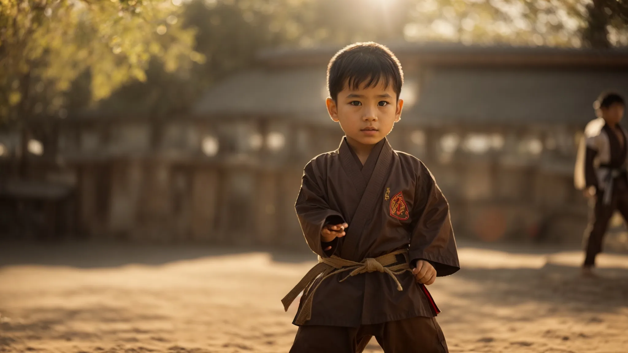 a child in a martial arts stance, bathed in sunlight, exuding determination and focus.