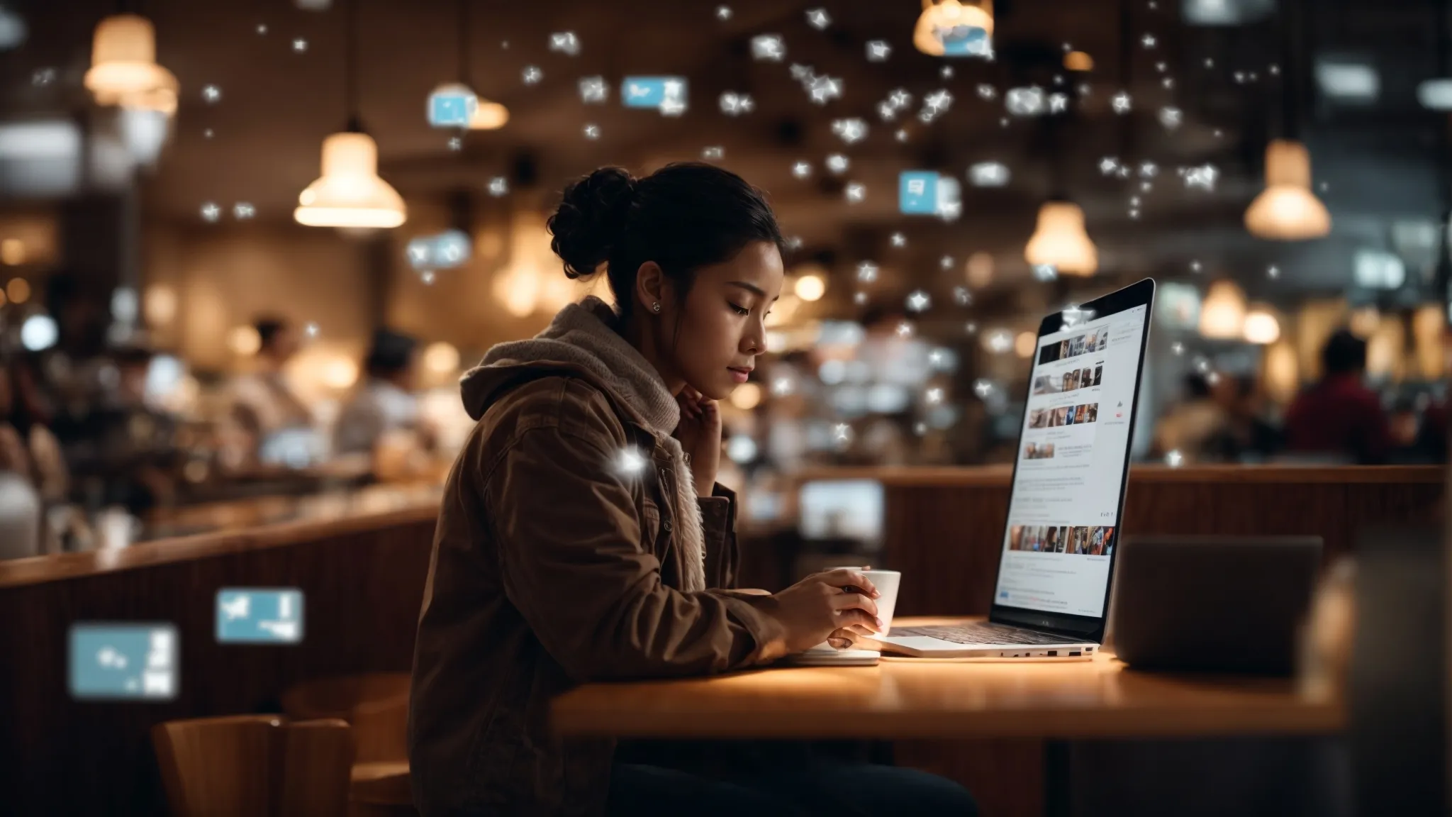 a person at a crowded café focused intently on their laptop, surrounded by the soft glow of various social media icons floating in the air.