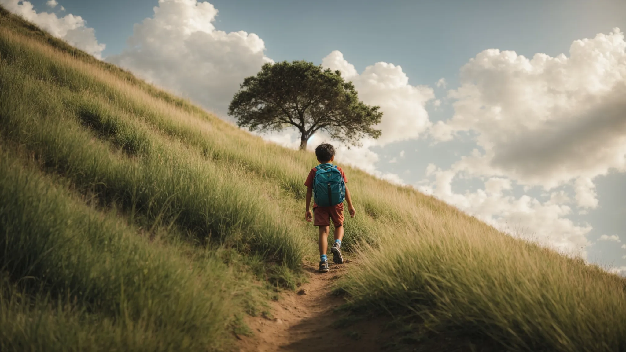 a child climbing a gentle hill under a bright sky, symbolizing the journey of overcoming challenges through persistence and a growth mindset.