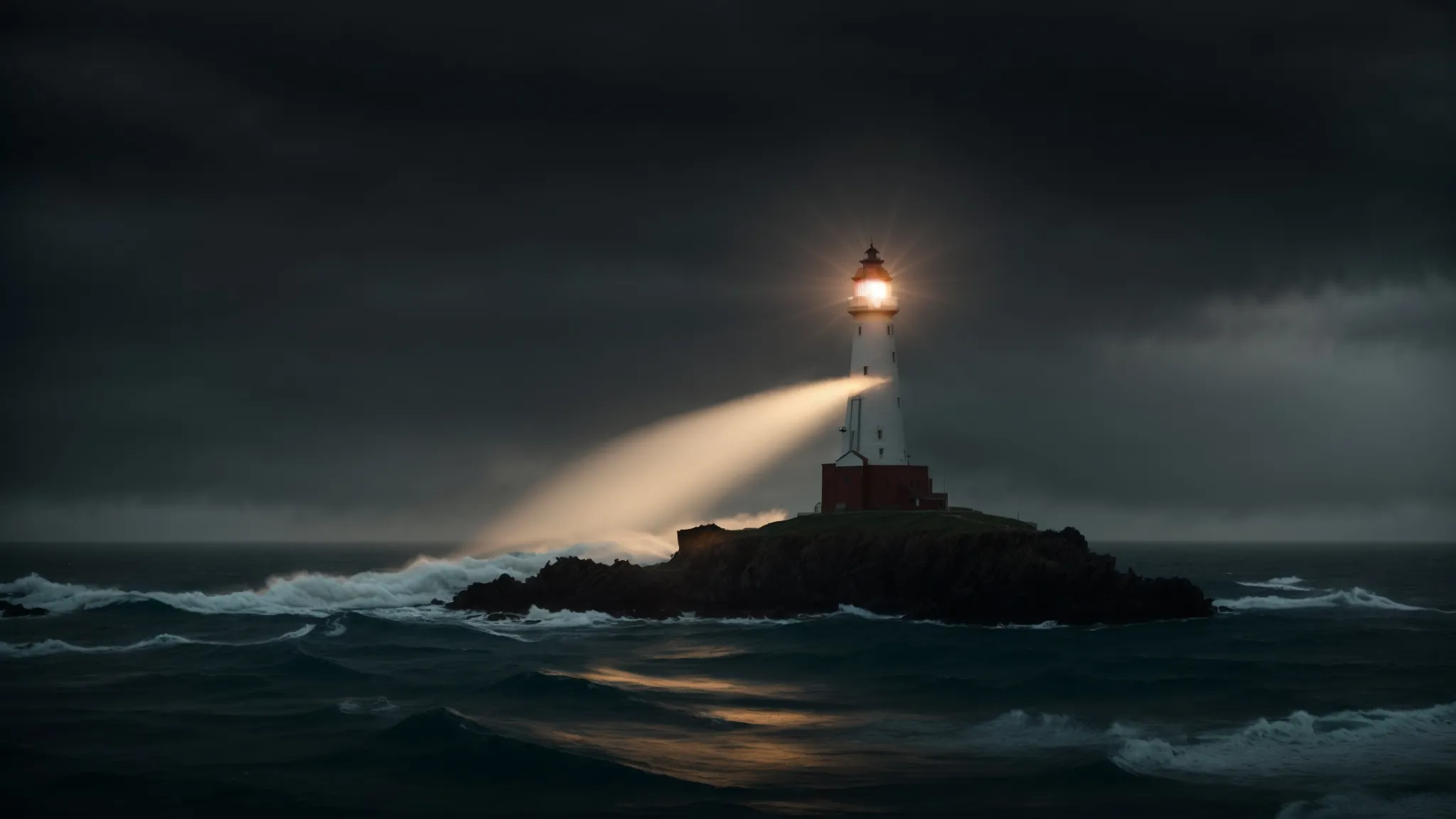 a lighthouse stands firm amidst a vast ocean, casting a guiding light into the surrounding darkness.