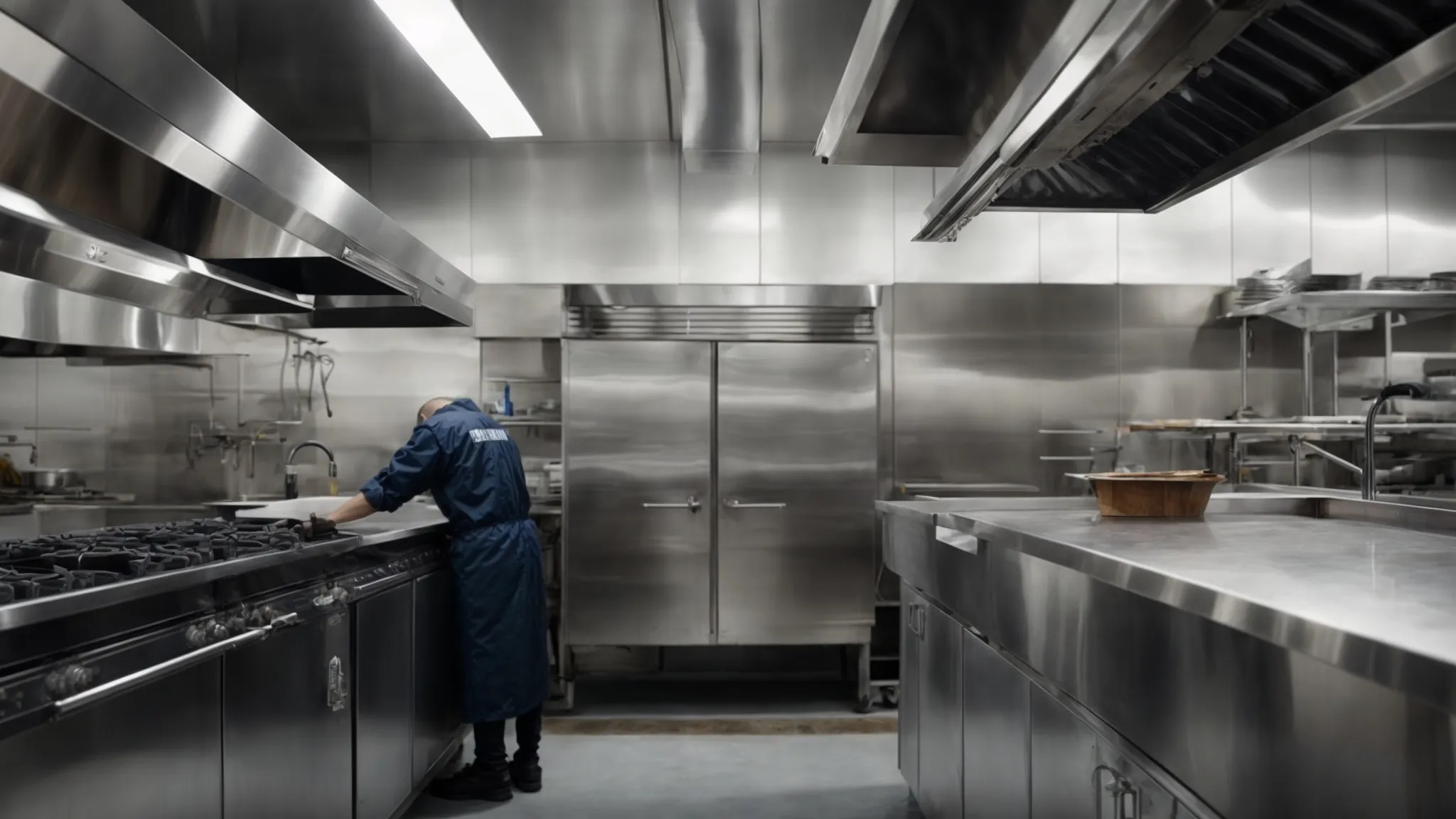 a professional cleaner meticulously polishes the stainless steel surface of an industrial kitchen hood in Toronto Hood Cleaning, ensuring a gleaming and hazard-free cooking area.