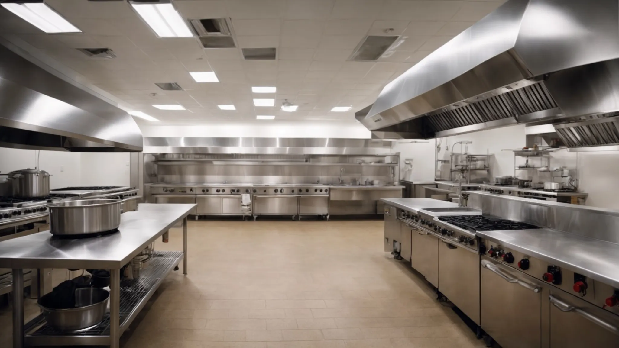 a wide-angle view of a clean, spacious commercial kitchen, with stainless steel appliances and a large hood vent gleaming under bright lights.
