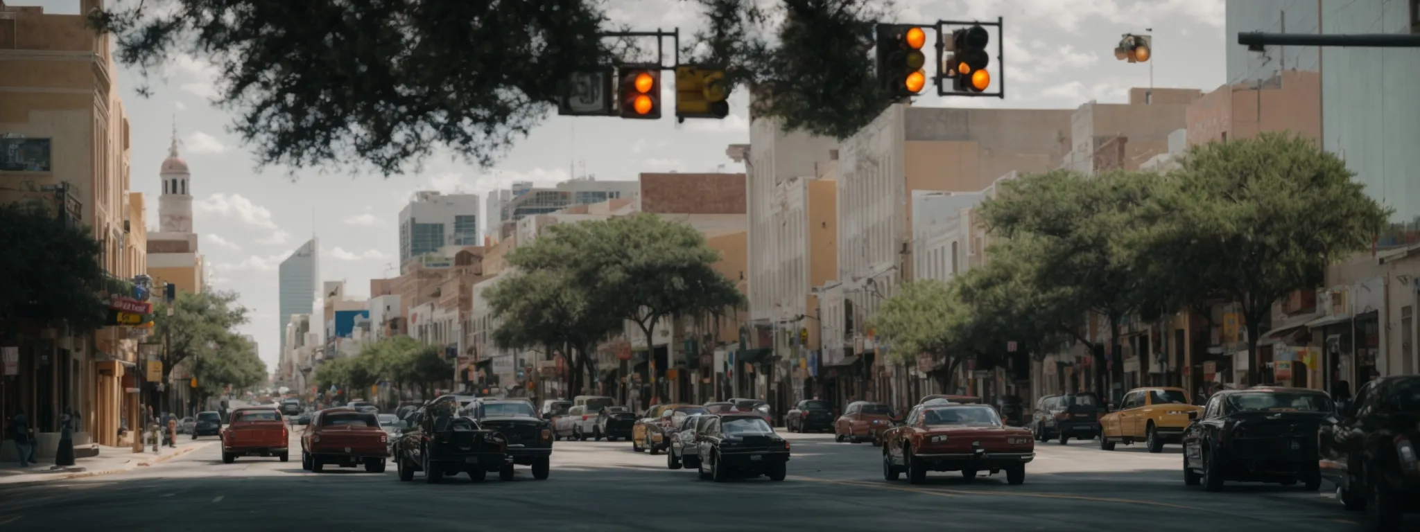 a wide, bustling street in san antonio with vehicles at a traffic light, capturing the city's vibrant urban life.